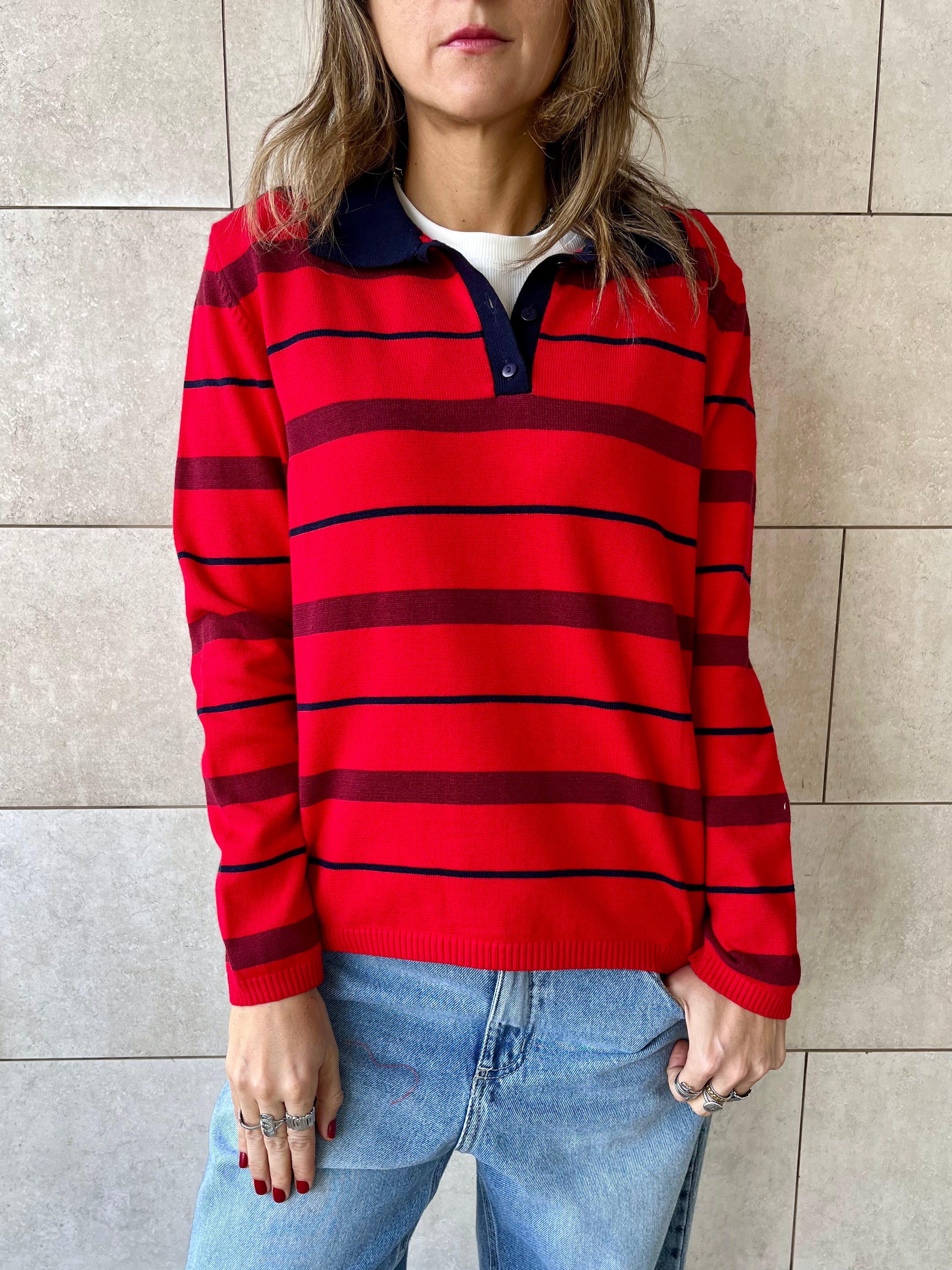 Red Striped Long Sleeve Polo