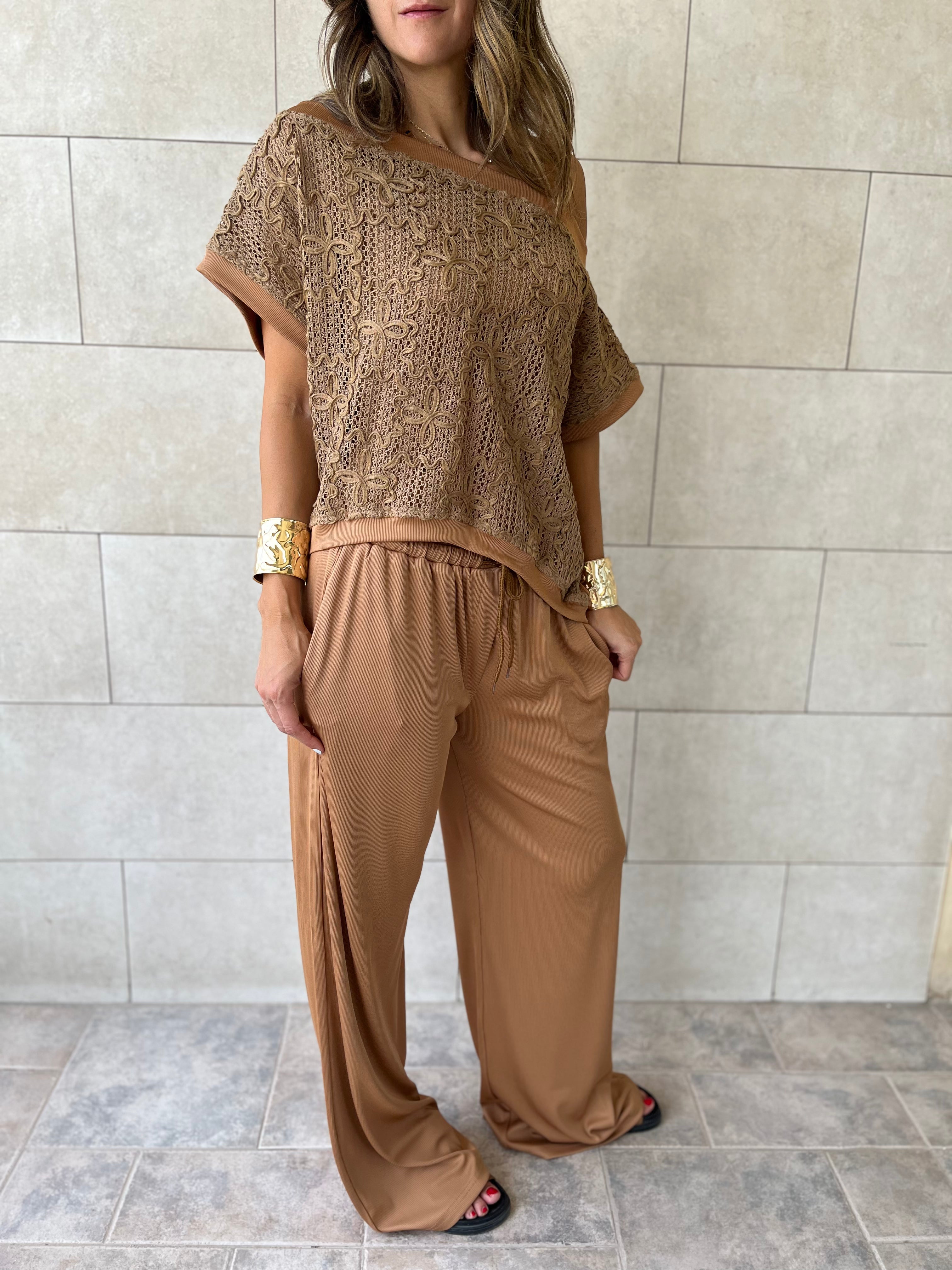 Brown Whisper Lace Asymmetrical Top