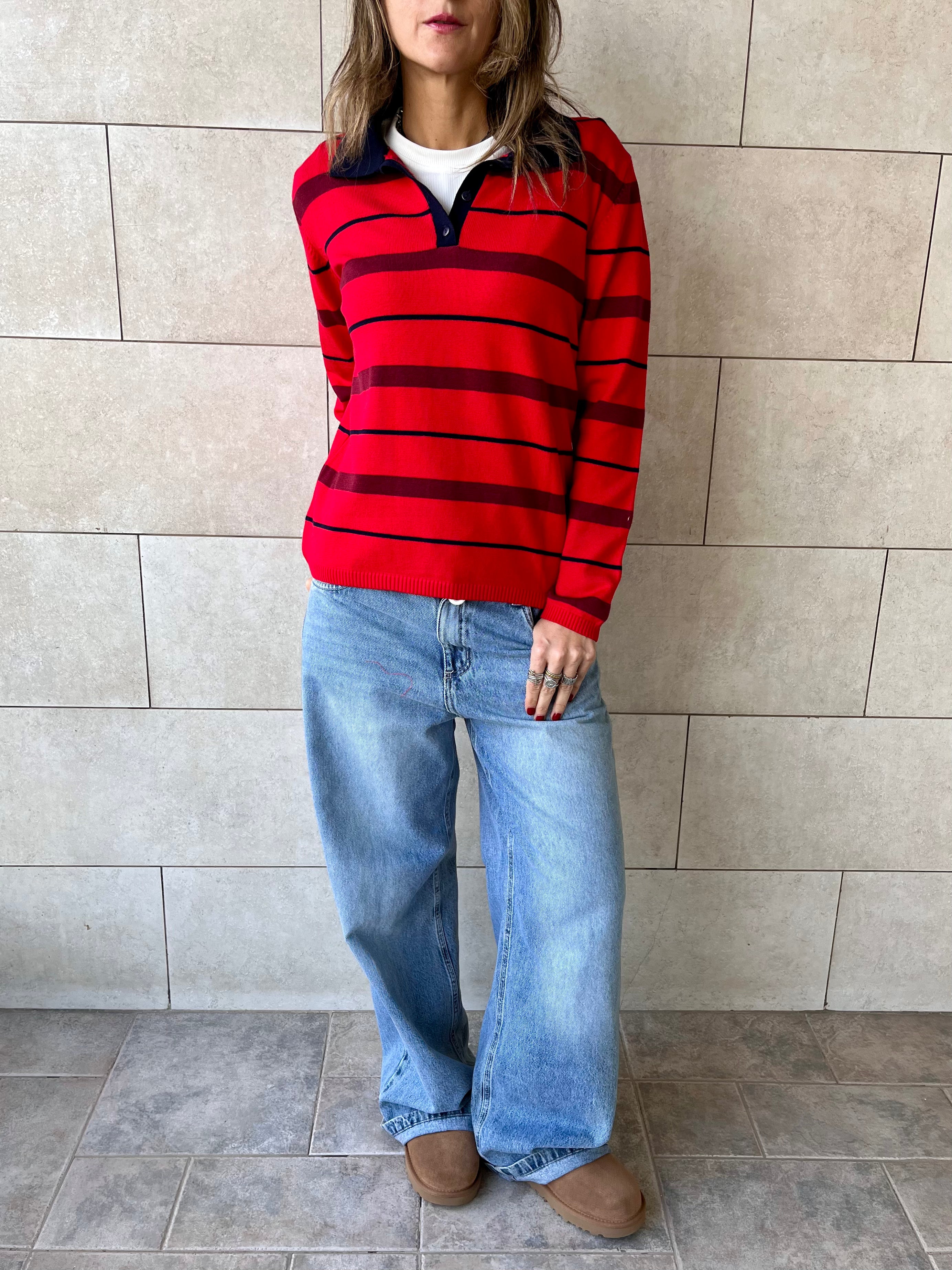 Red Striped Long Sleeve Polo