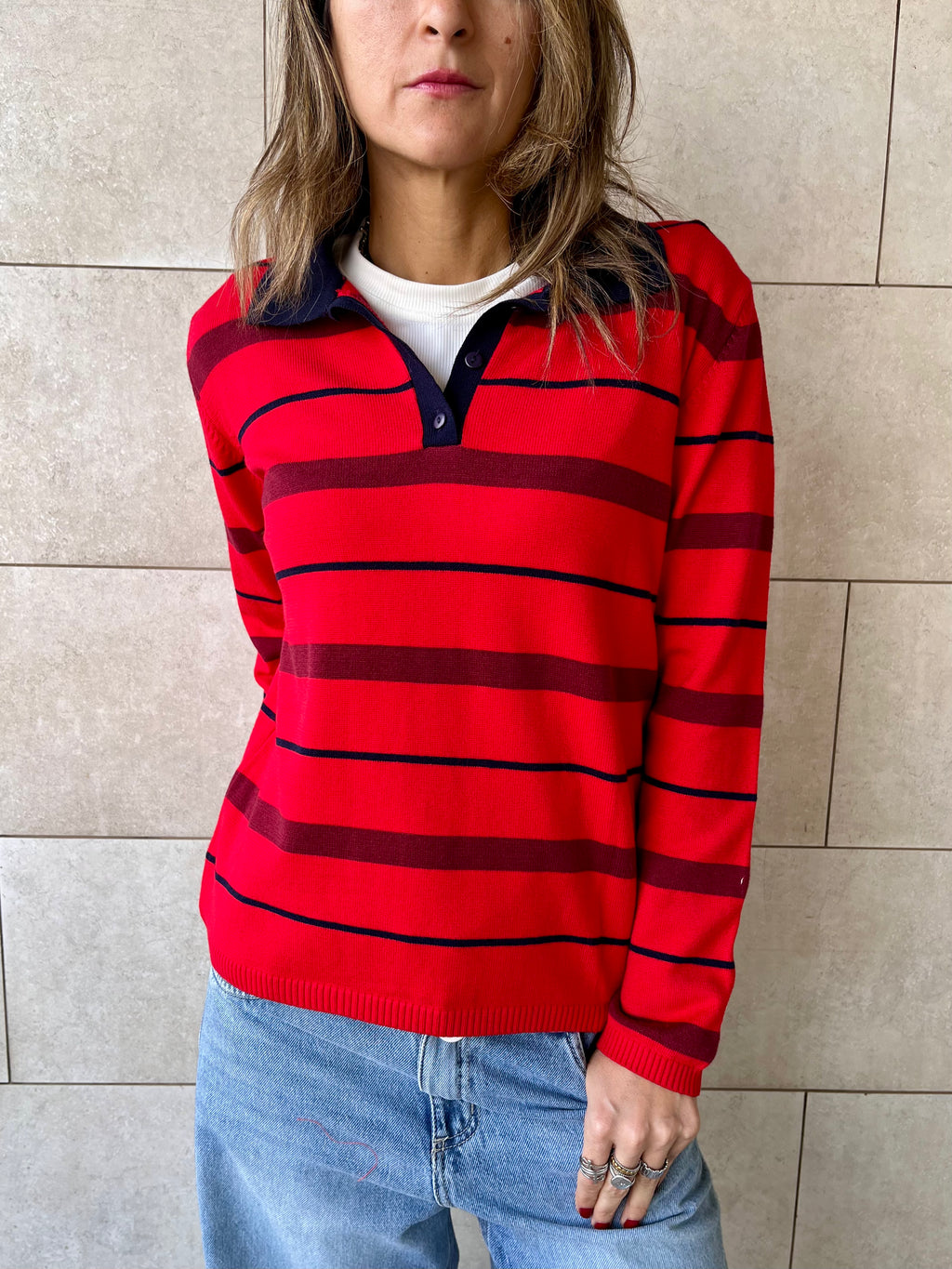Red Striped Long Sleeve Polo