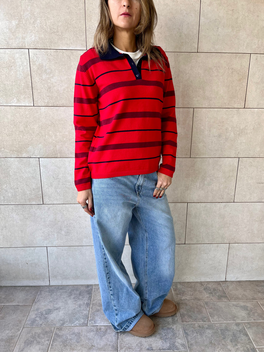 Red Striped Long Sleeve Polo