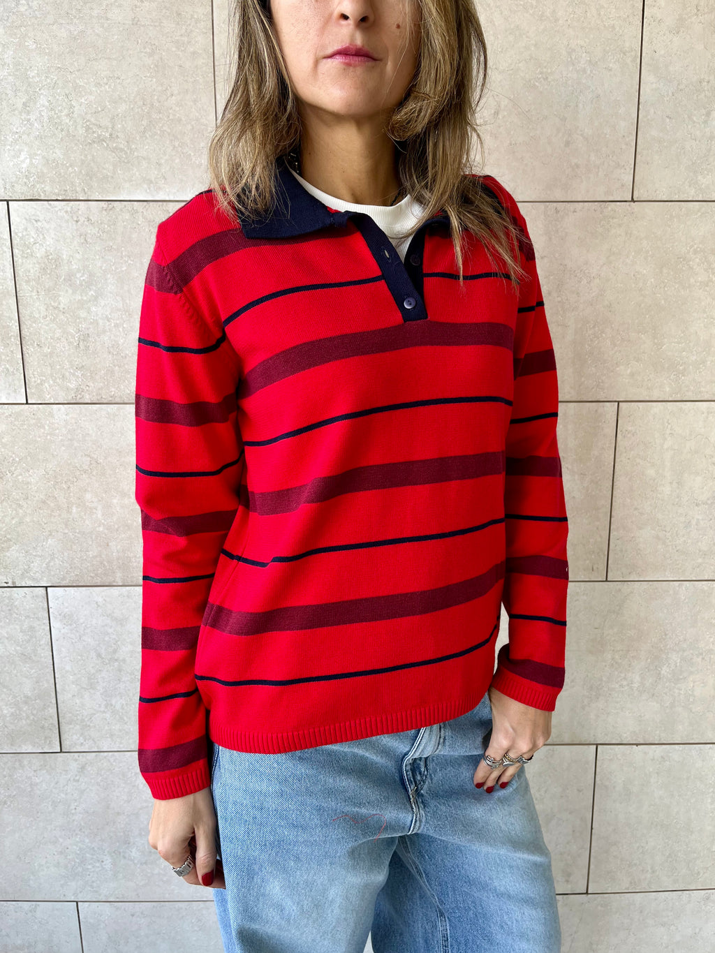 Red Striped Long Sleeve Polo