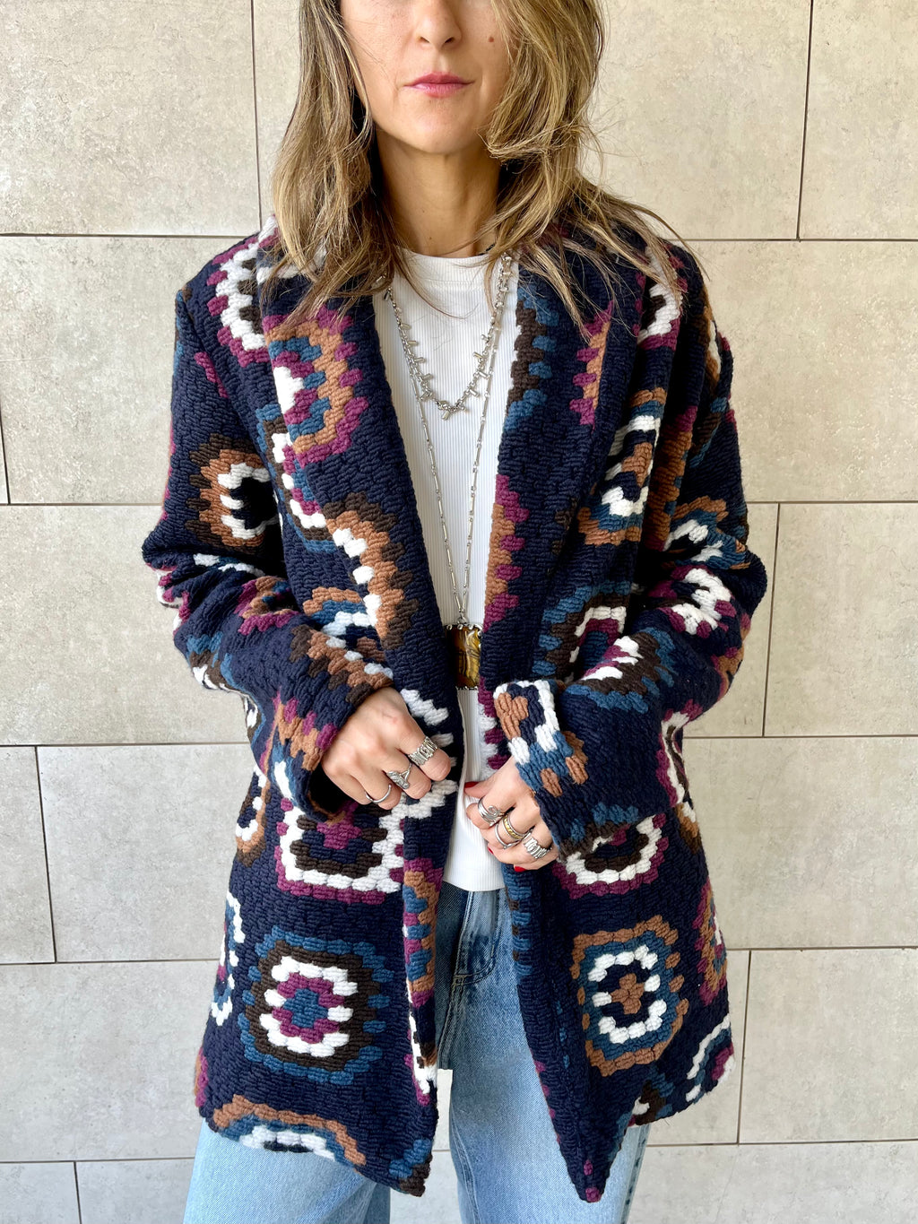 Navy Patchwork Handmade Cardigan