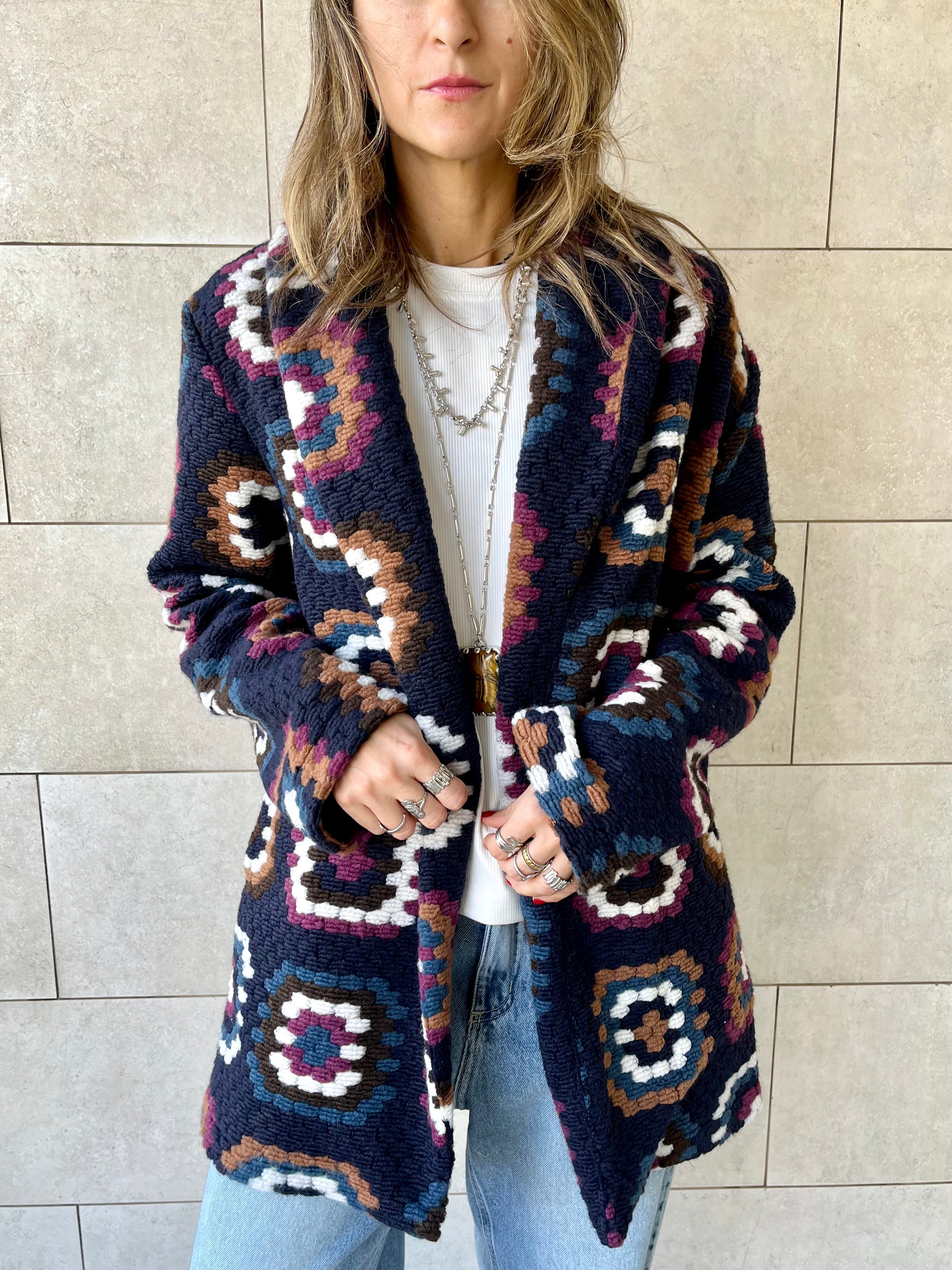 Navy Patchwork Handmade Cardigan