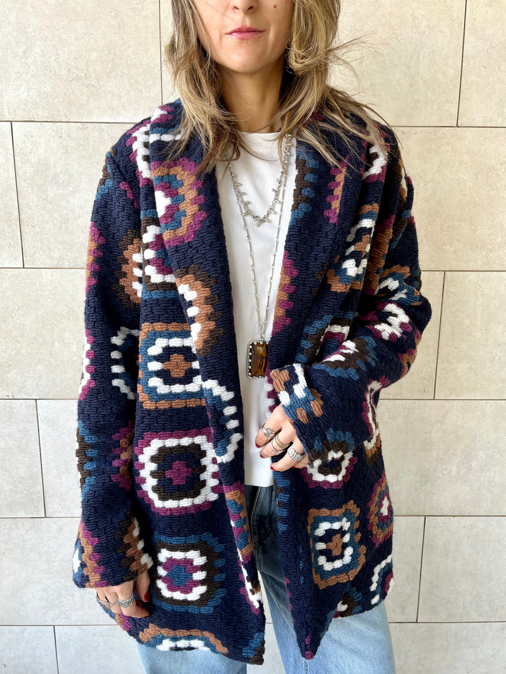 Navy Patchwork Handmade Cardigan