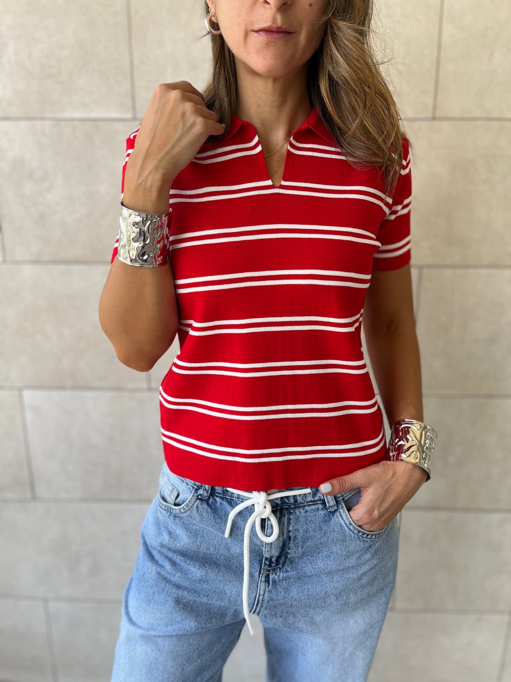 Red Striped Signature Knit Polo