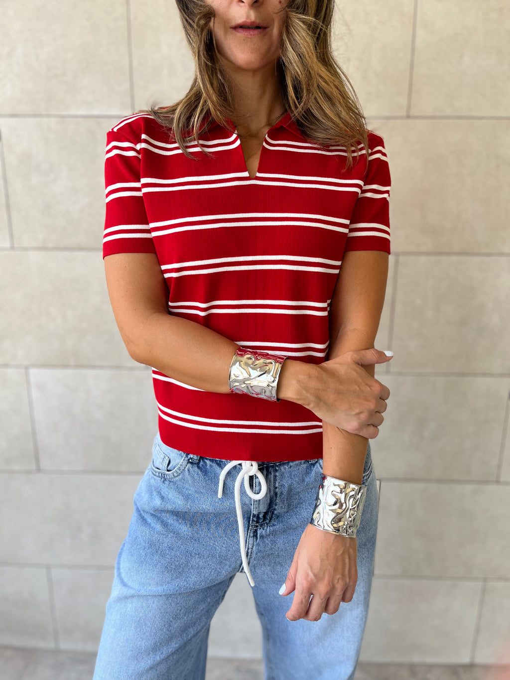 Red Striped Signature Knit Polo