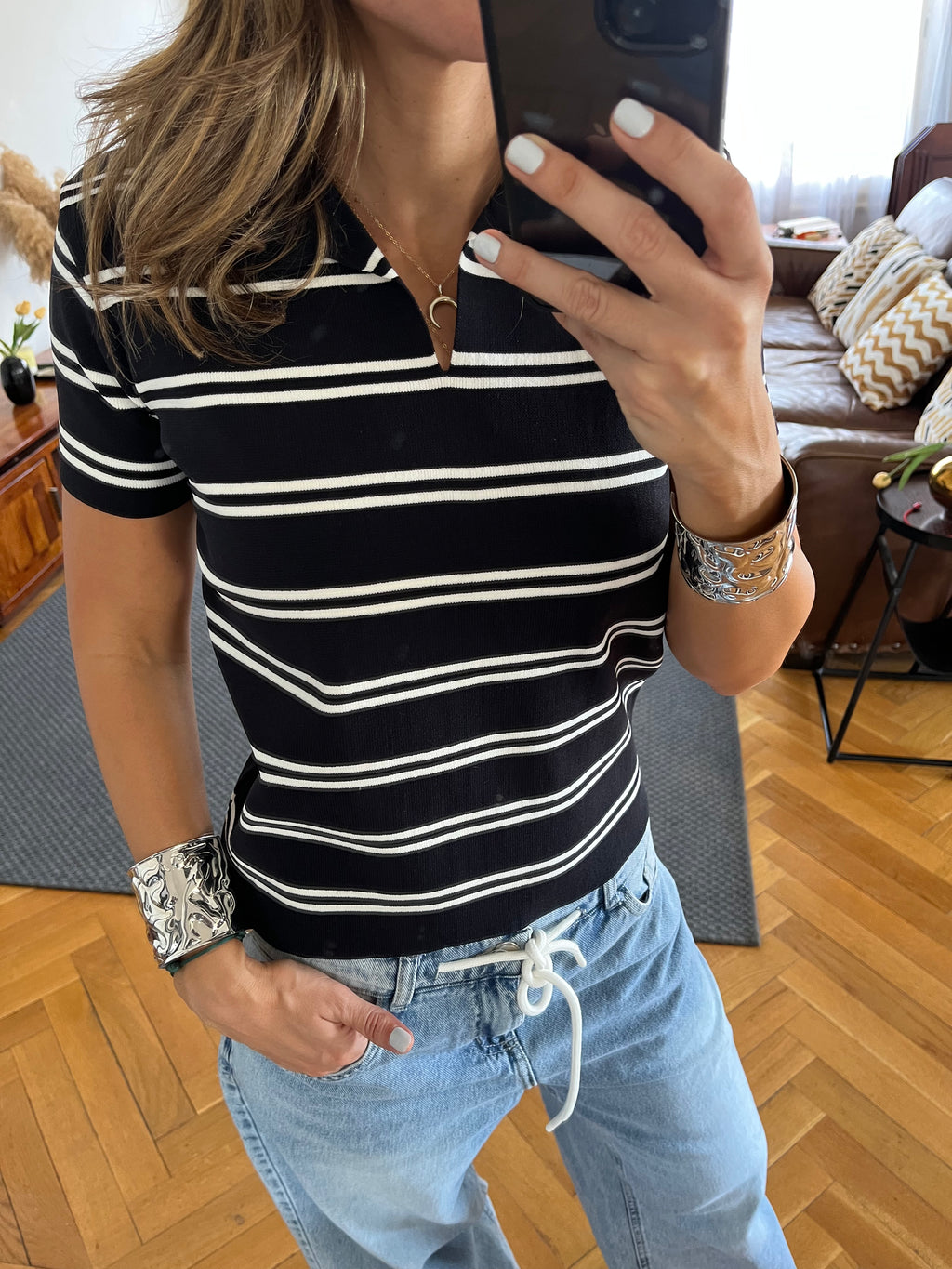 Black Striped Signature Knit Polo