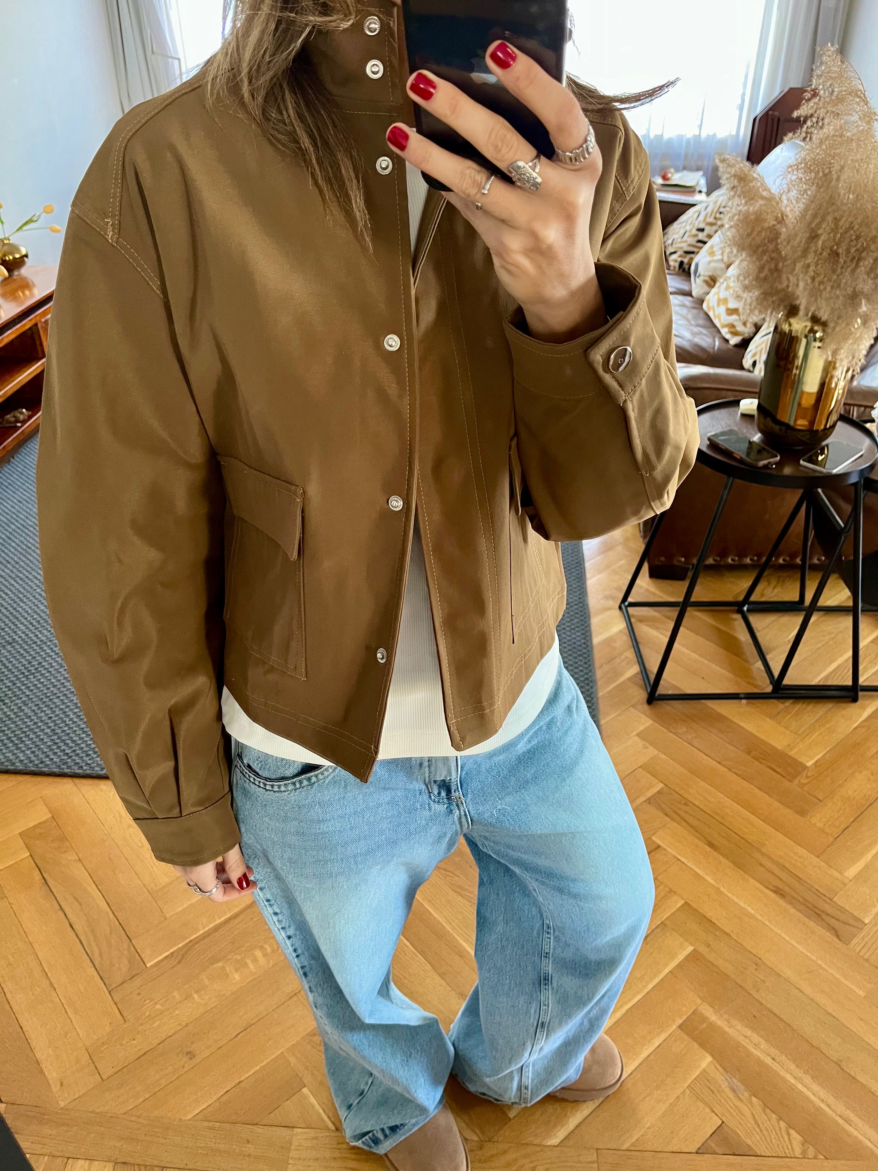 Brown Funnel Neck Gabardine Jacket