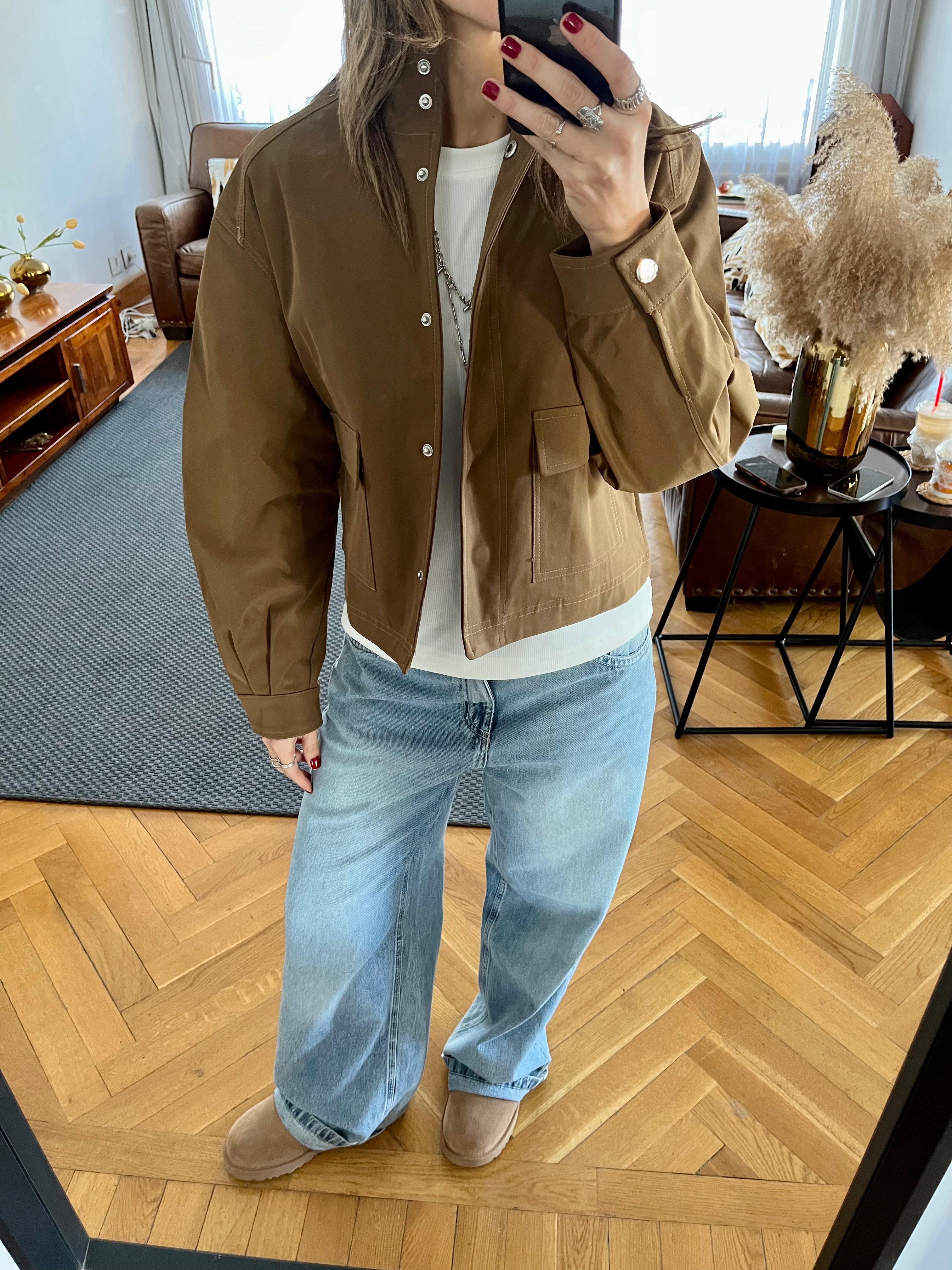 Brown Funnel Neck Gabardine Jacket