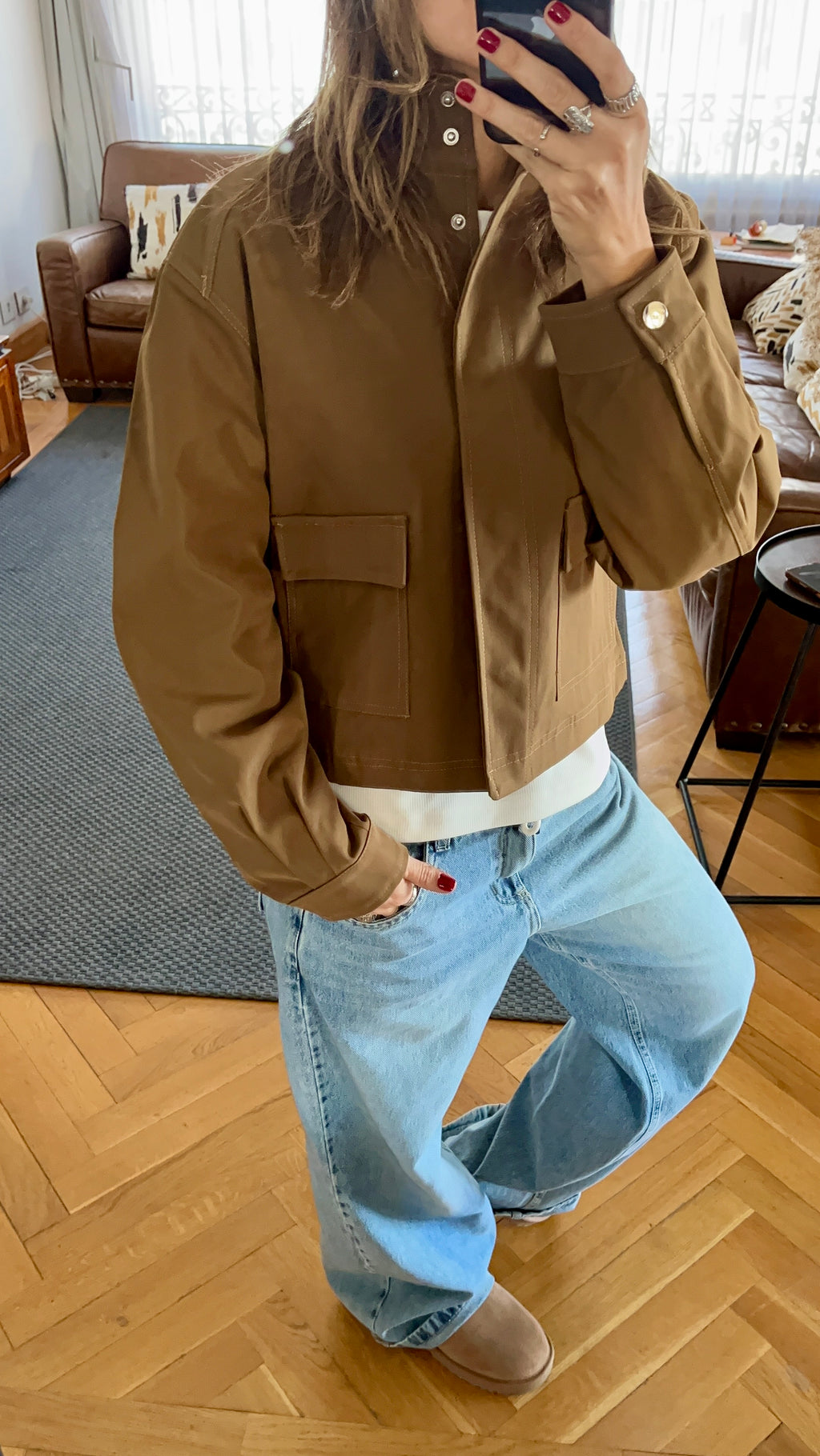 Brown Funnel Neck Gabardine Jacket