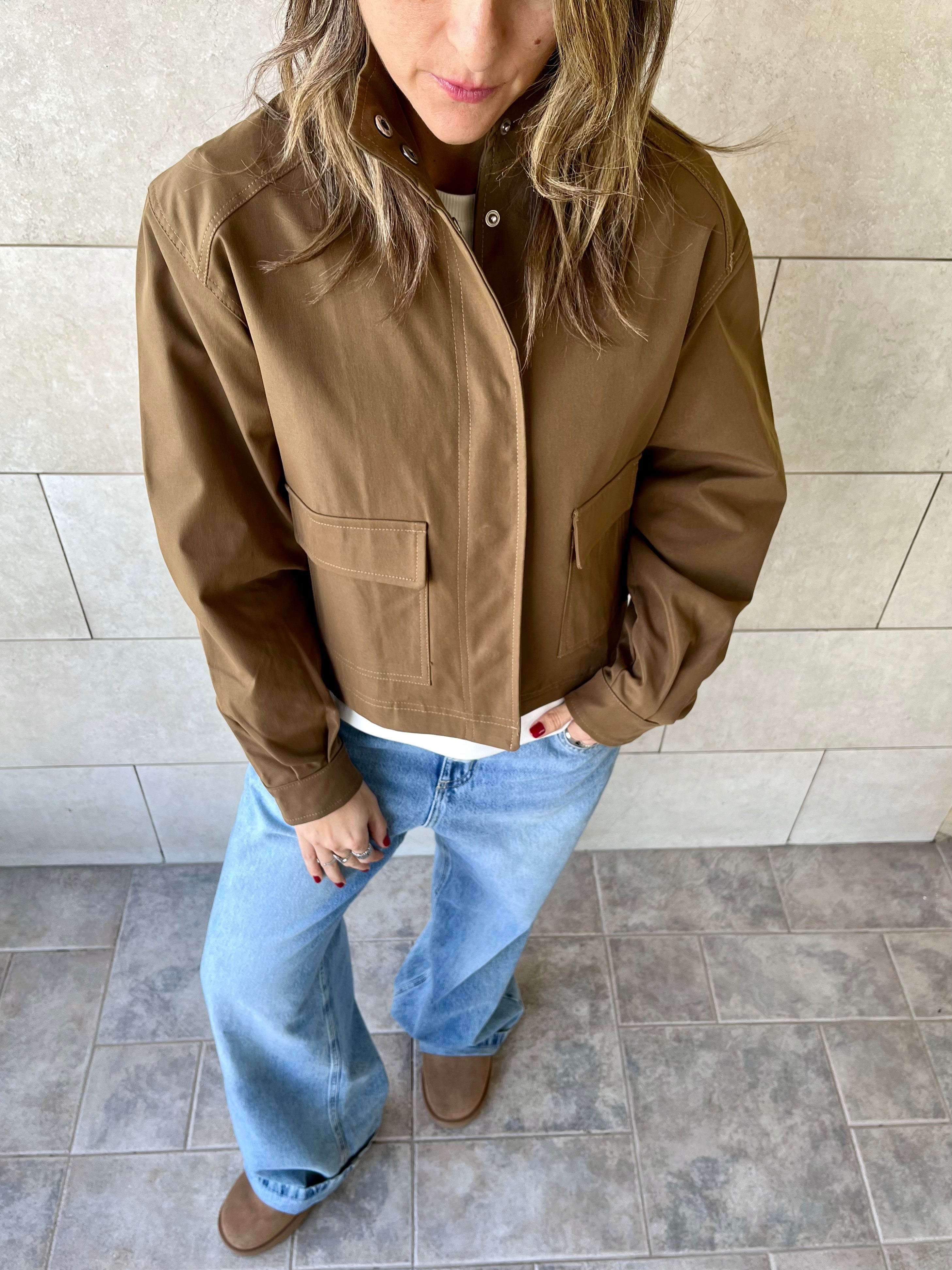 Brown Funnel Neck Gabardine Jacket