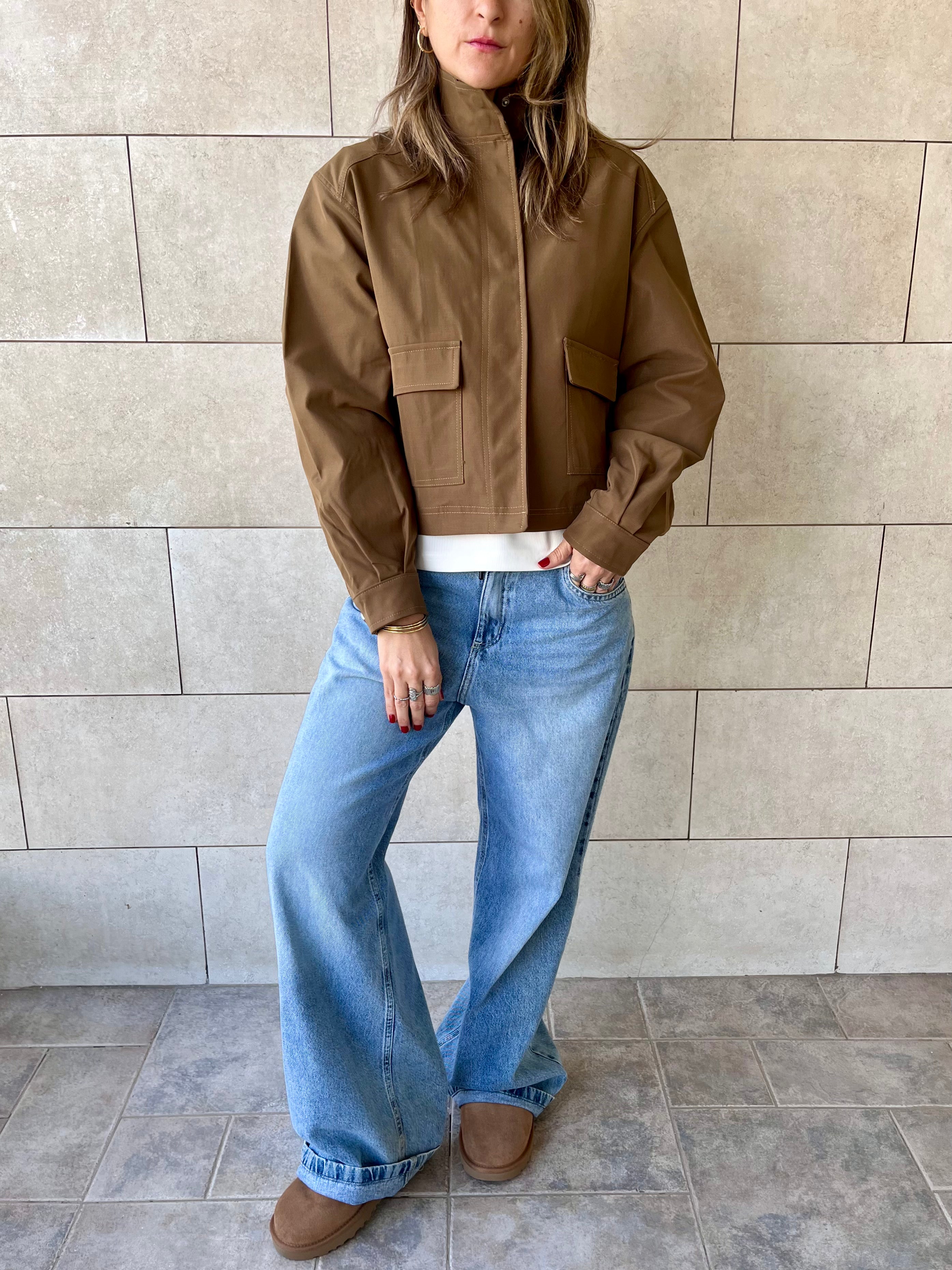 Brown Funnel Neck Gabardine Jacket