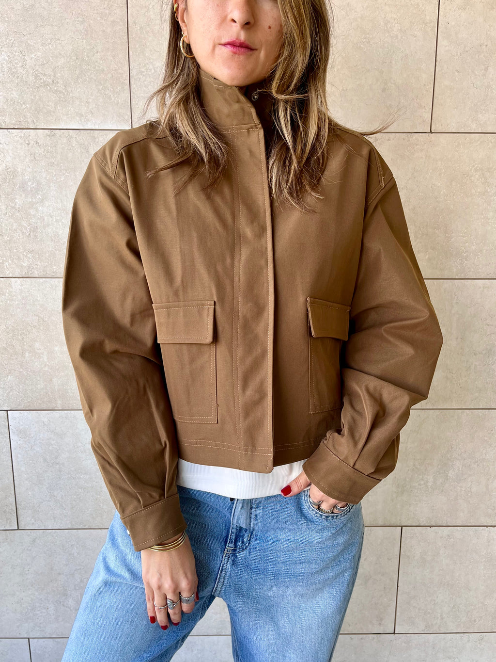 Brown Funnel Neck Gabardine Jacket