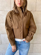 Brown Funnel Neck Gabardine Jacket
