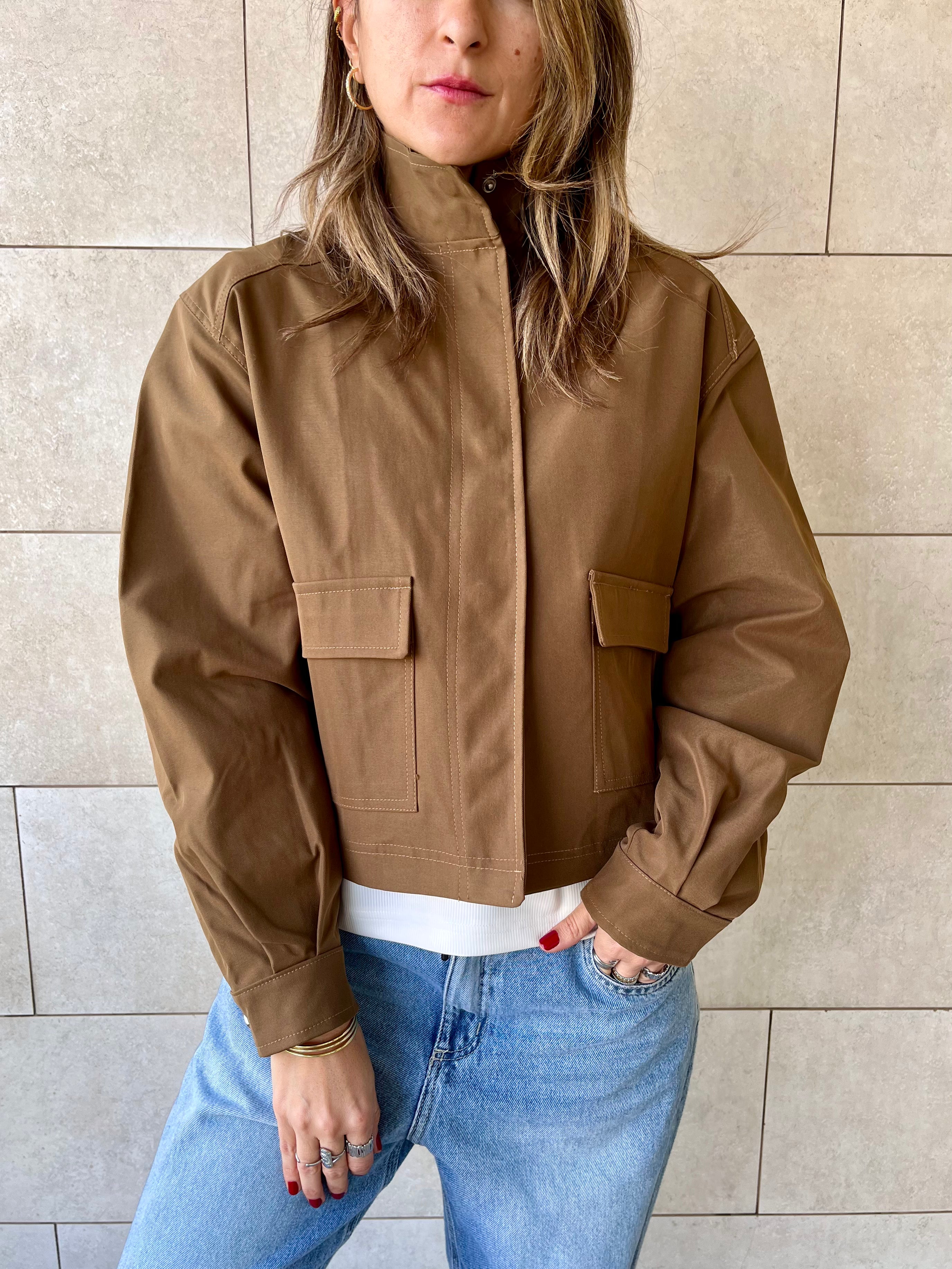 Brown Funnel Neck Gabardine Jacket