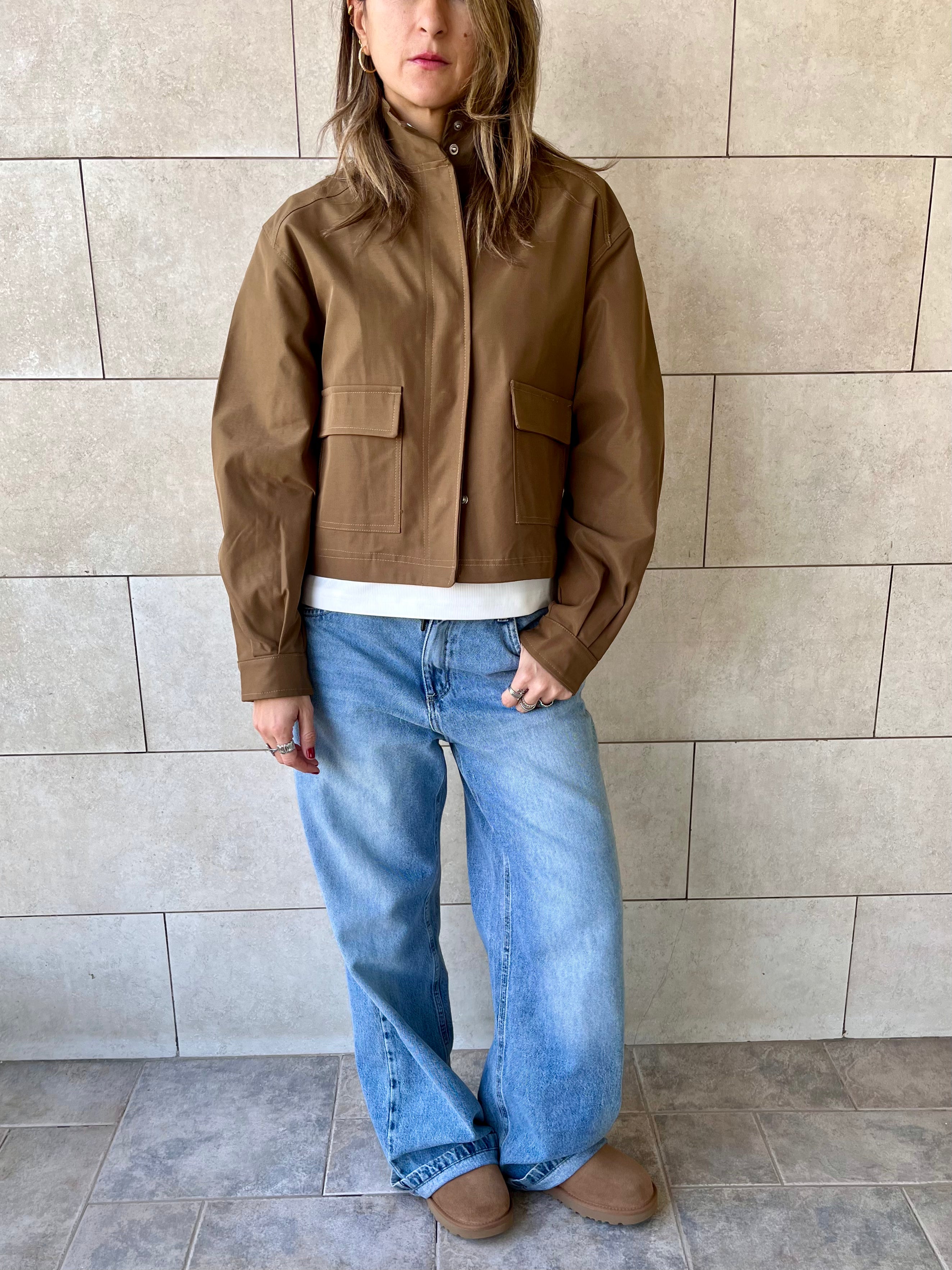 Brown Funnel Neck Gabardine Jacket