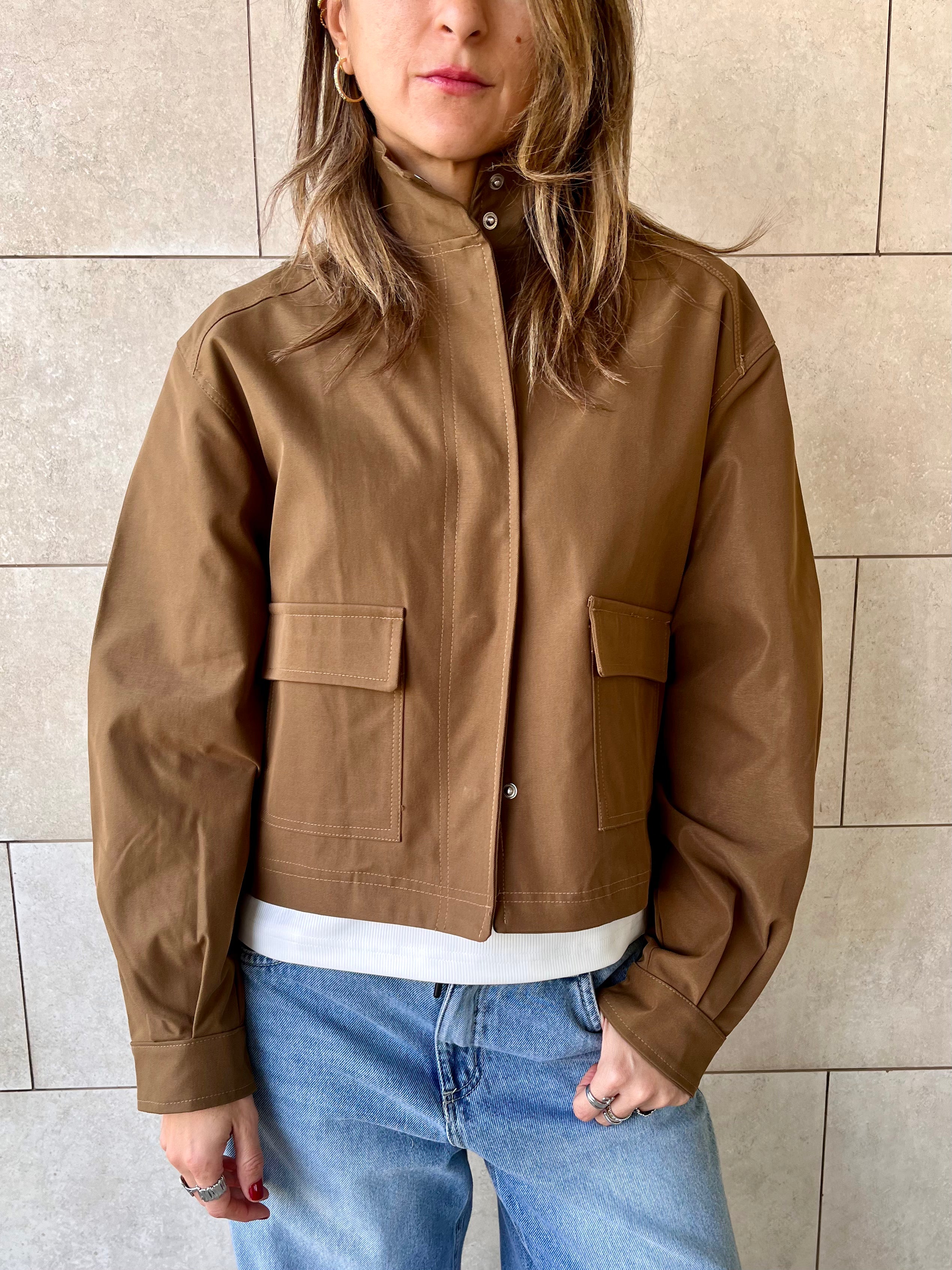 Brown Funnel Neck Gabardine Jacket
