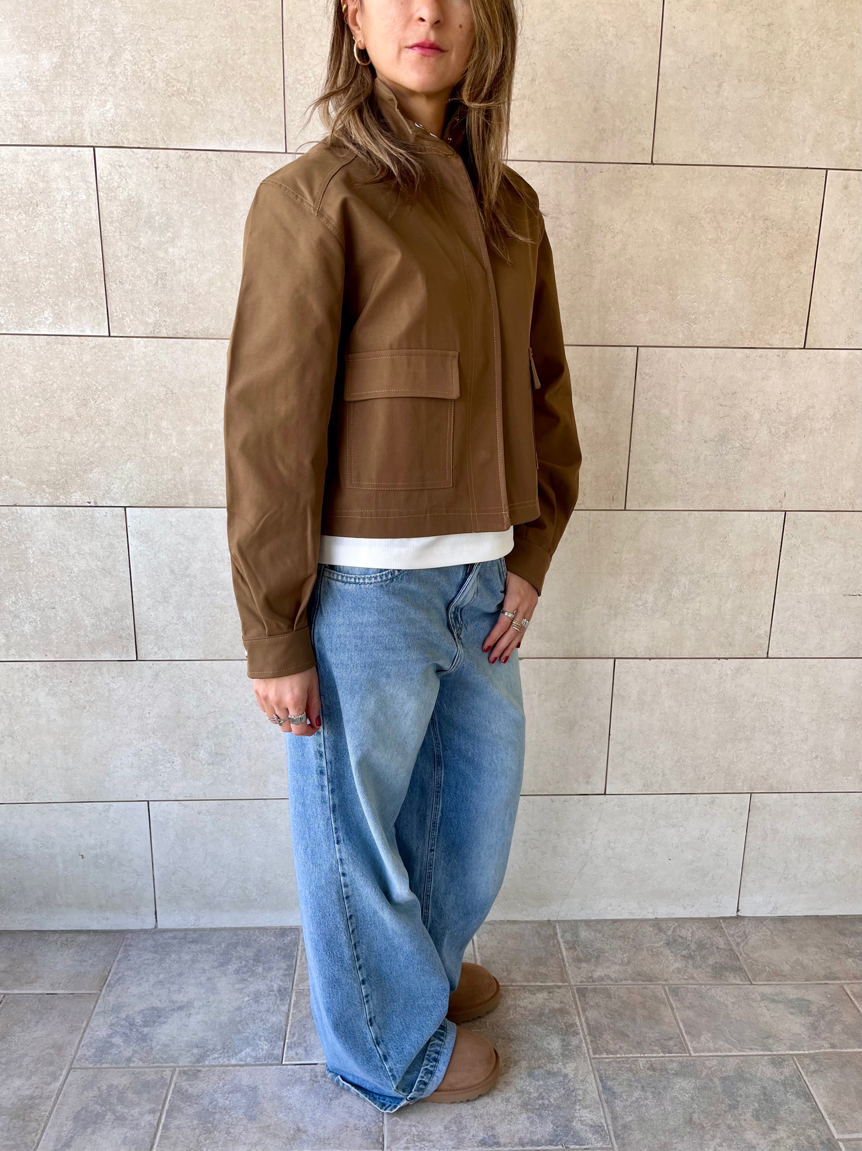 Brown Funnel Neck Gabardine Jacket