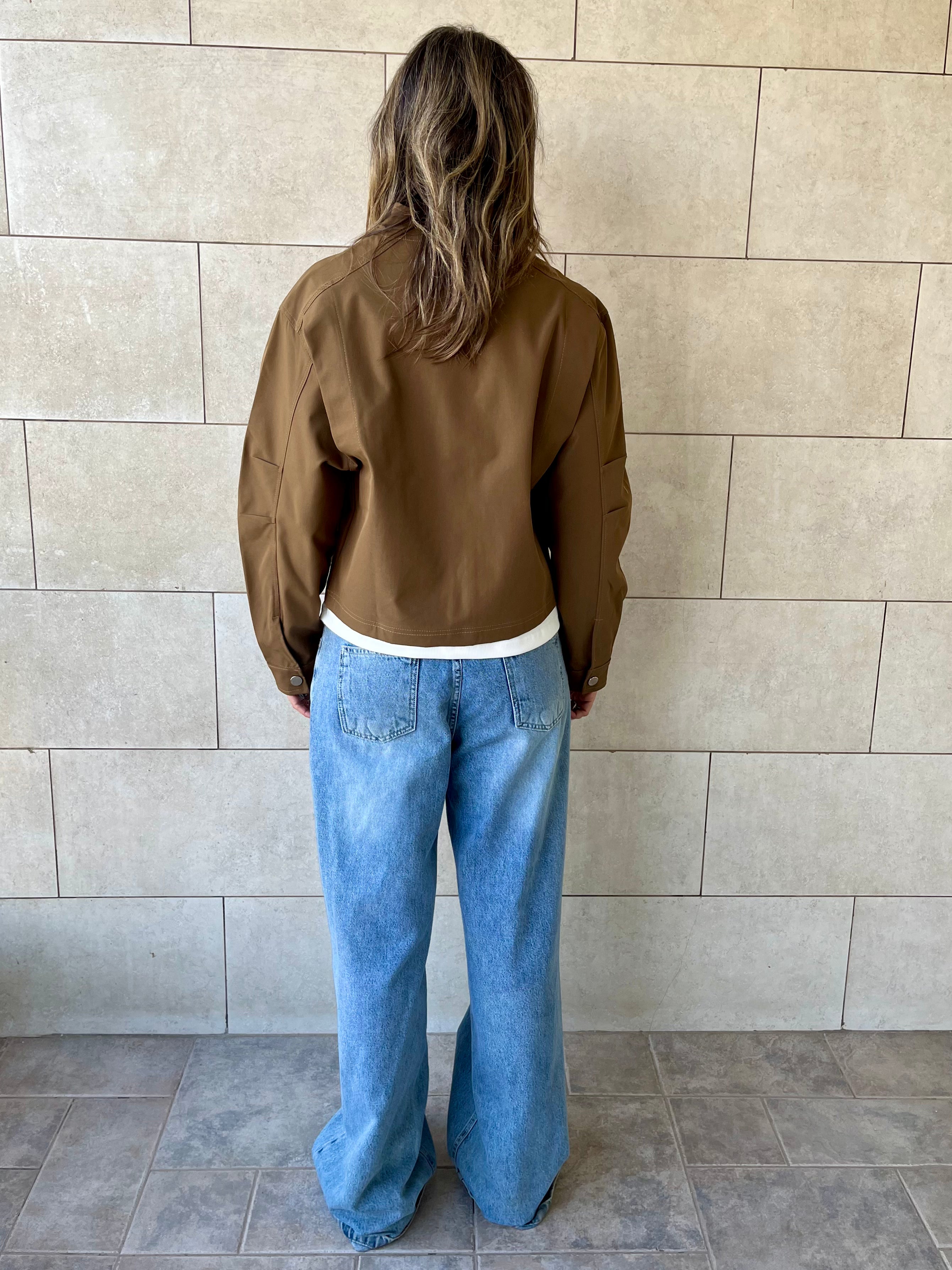 Brown Funnel Neck Gabardine Jacket