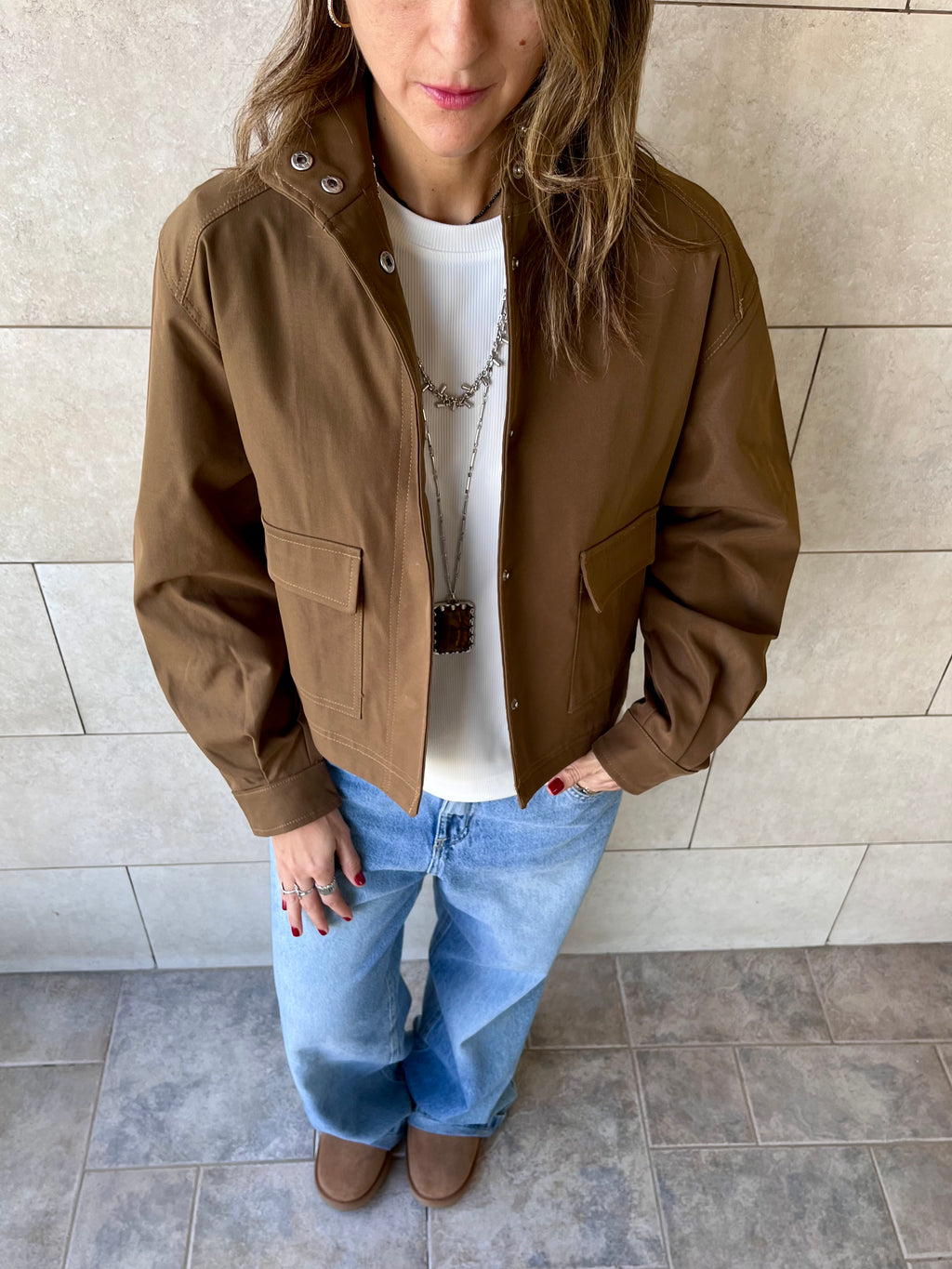Brown Funnel Neck Gabardine Jacket