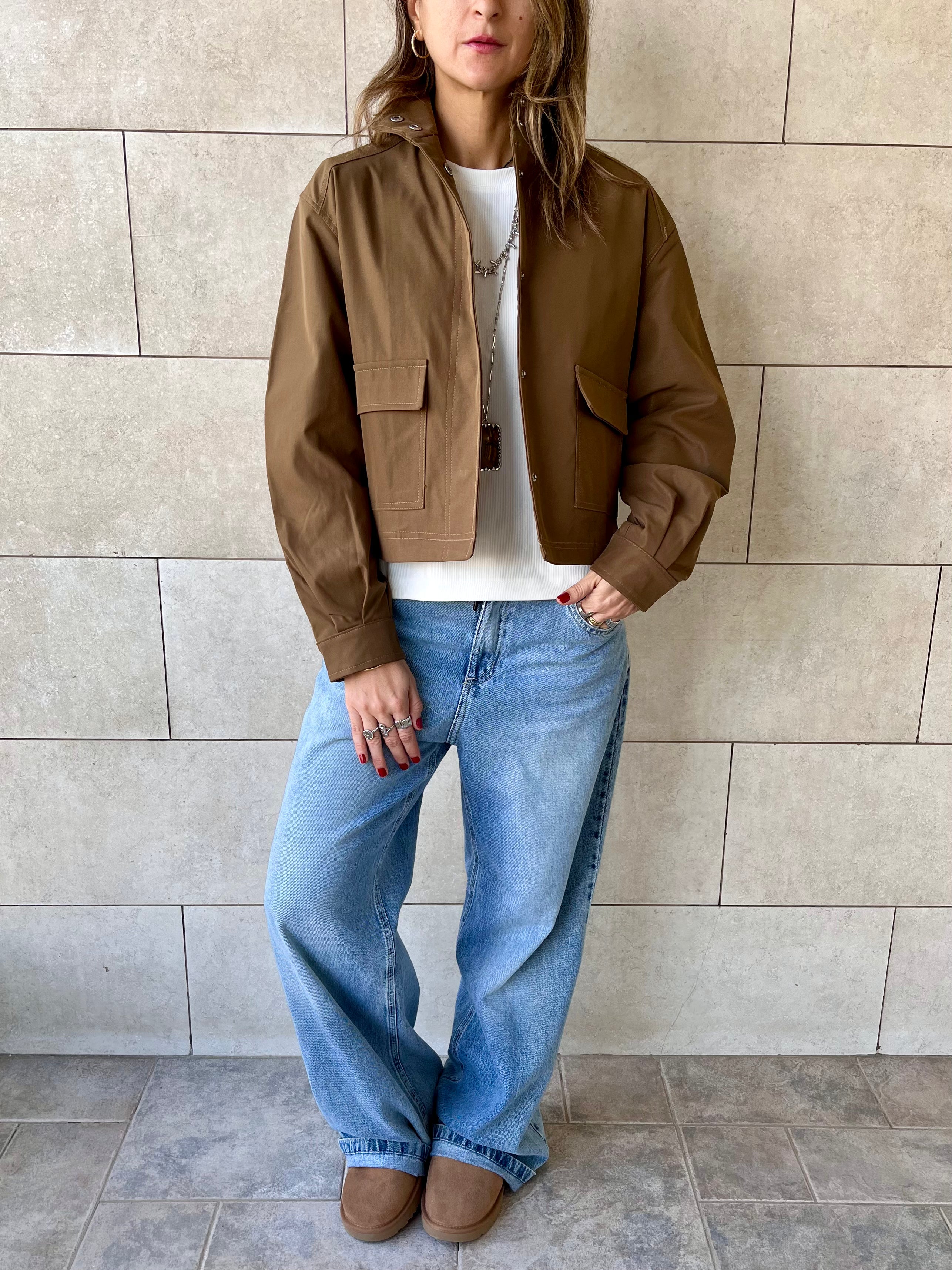Brown Funnel Neck Gabardine Jacket