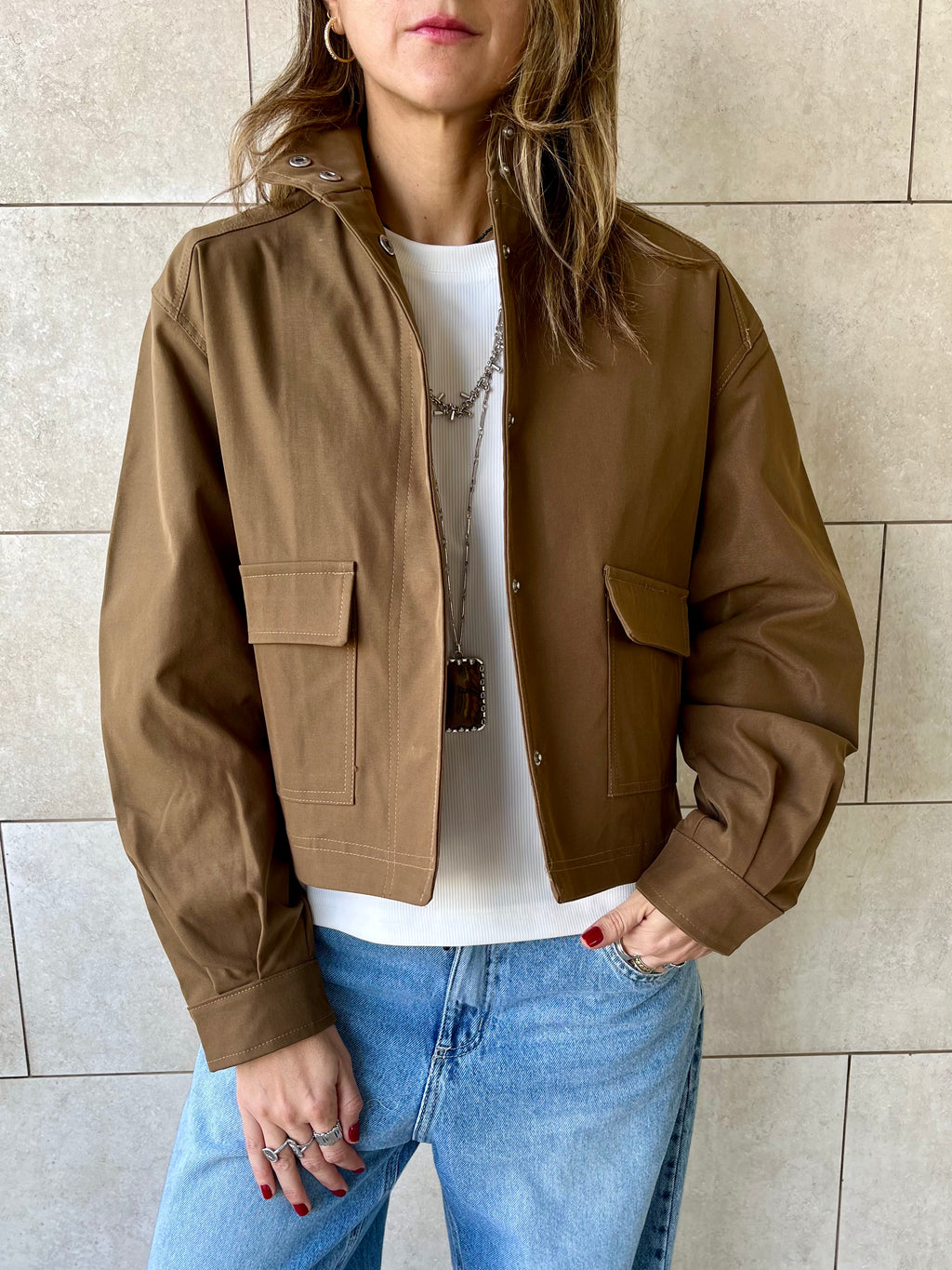 Brown Funnel Neck Gabardine Jacket
