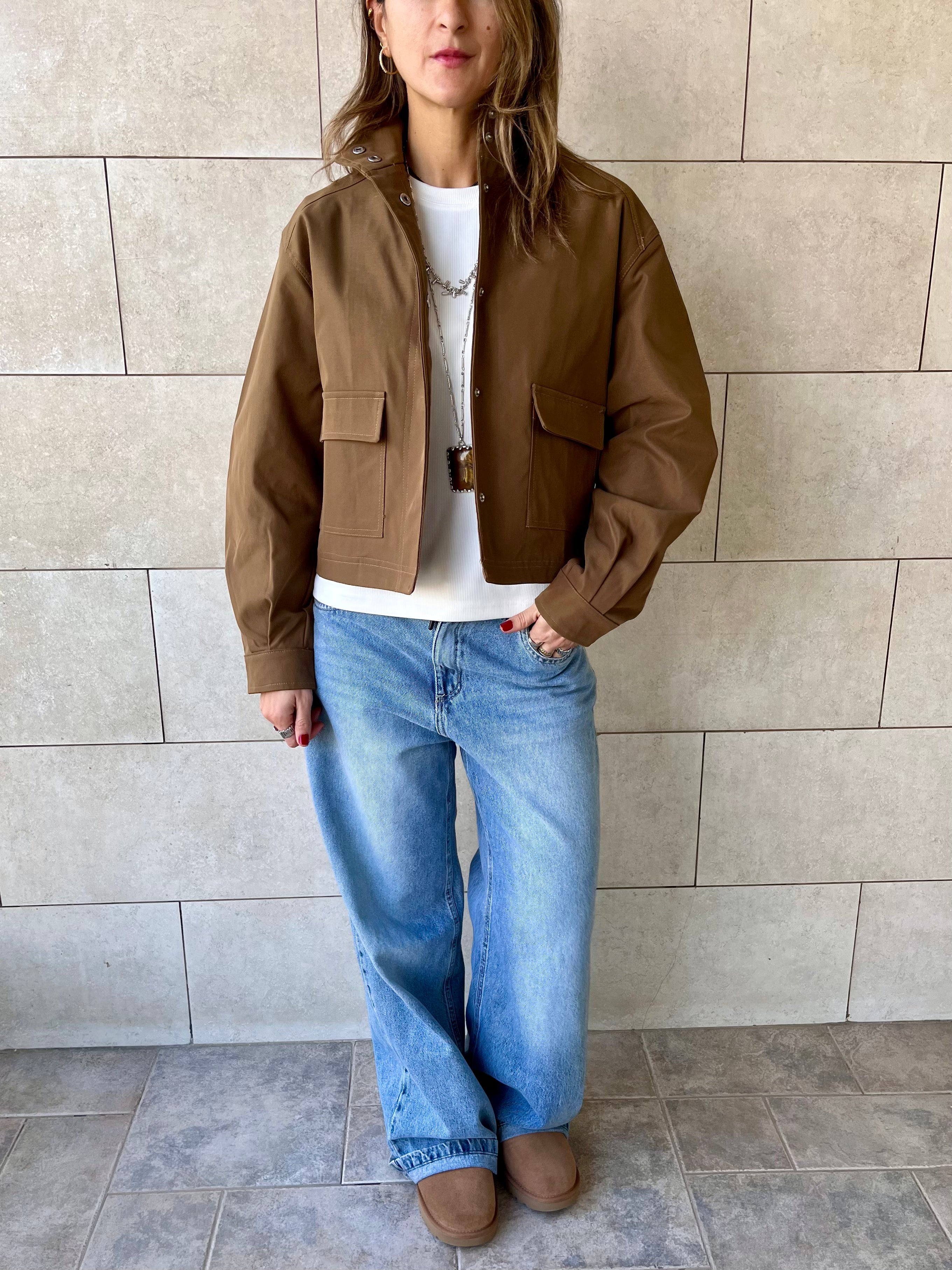 Brown Funnel Neck Gabardine Jacket