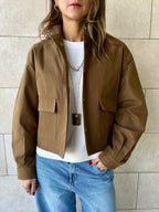 Brown Funnel Neck Gabardine Jacket