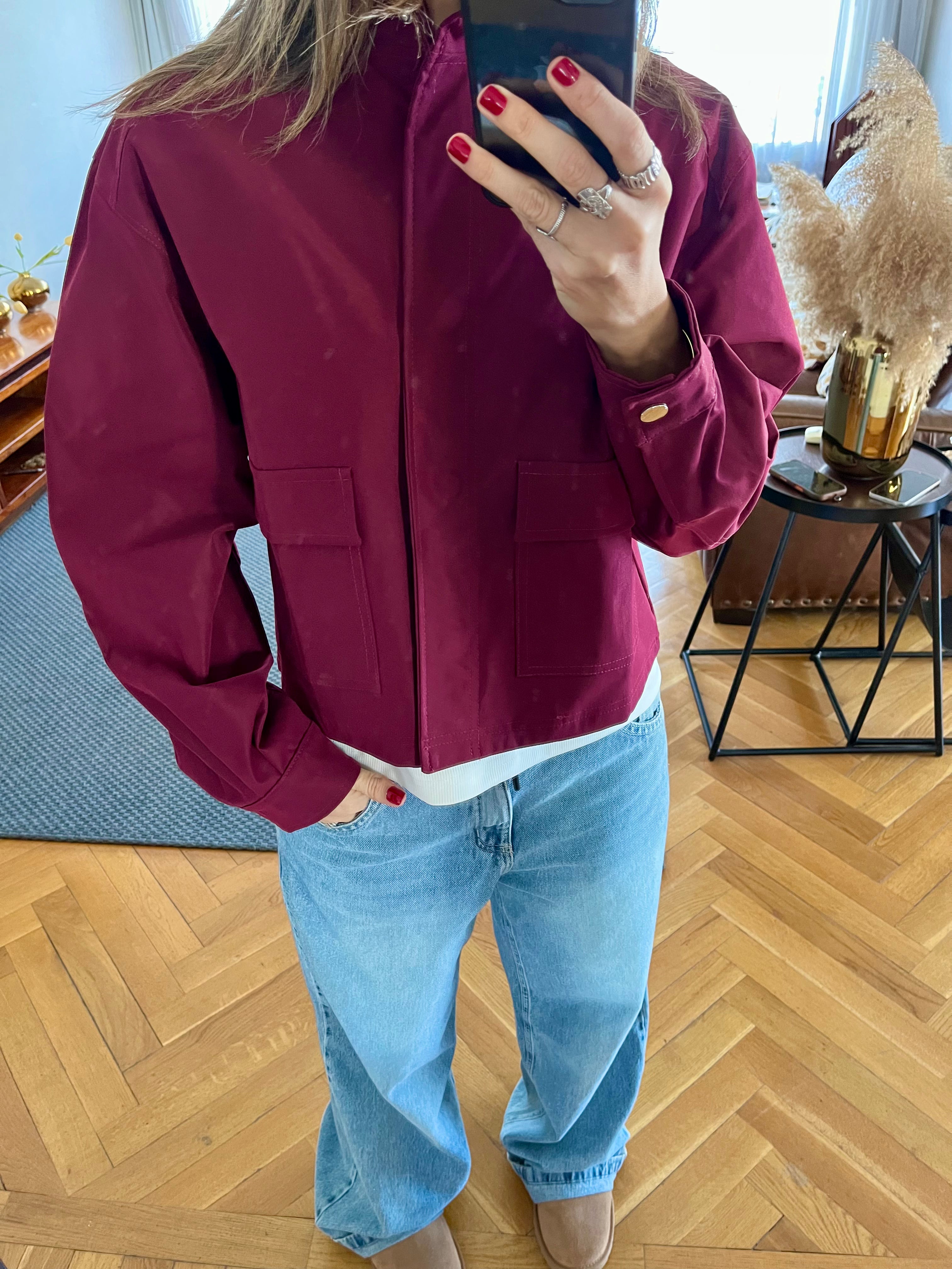 Burgundy Funnel Neck Gabardine Jacket