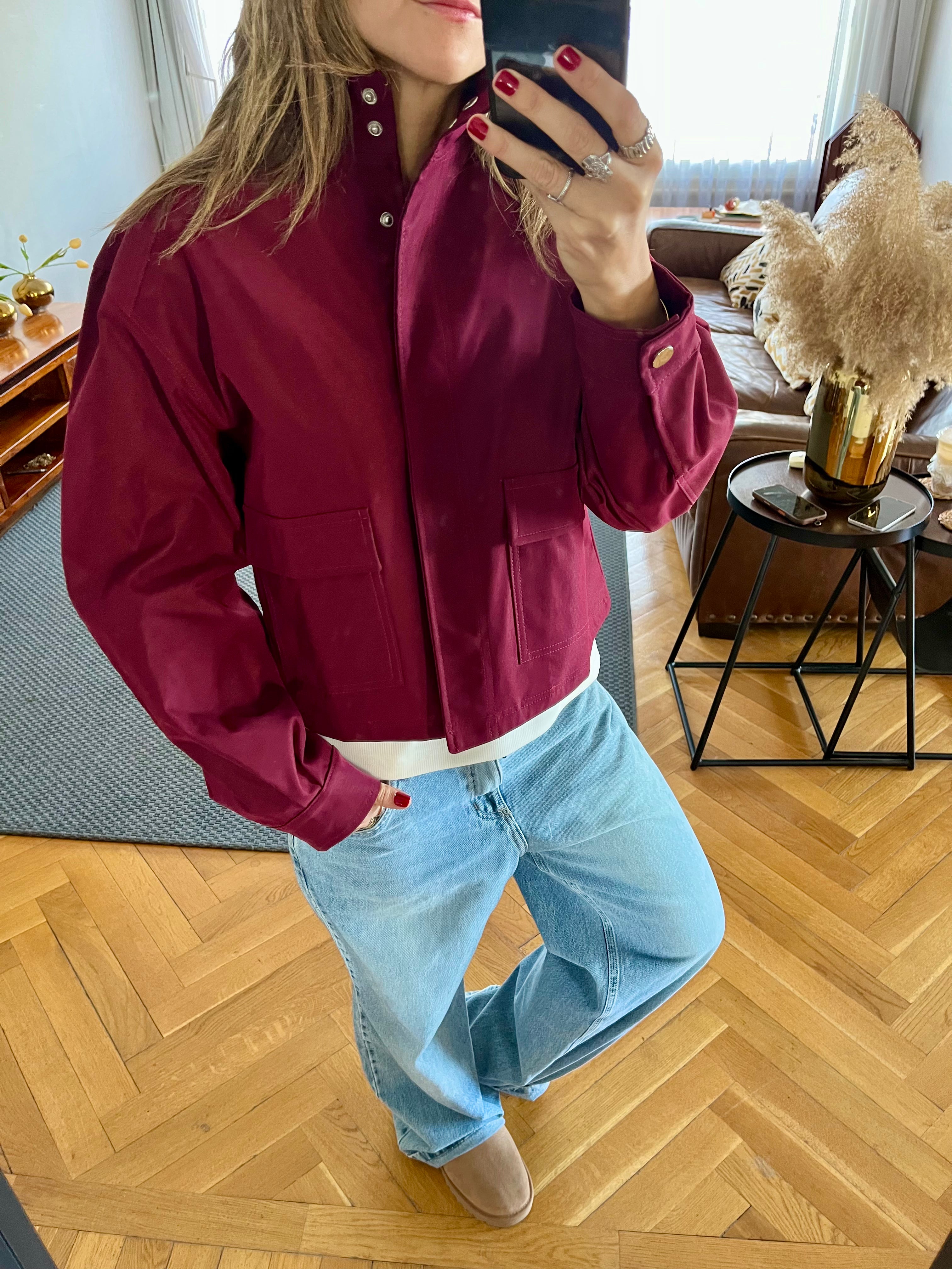 Burgundy Funnel Neck Gabardine Jacket