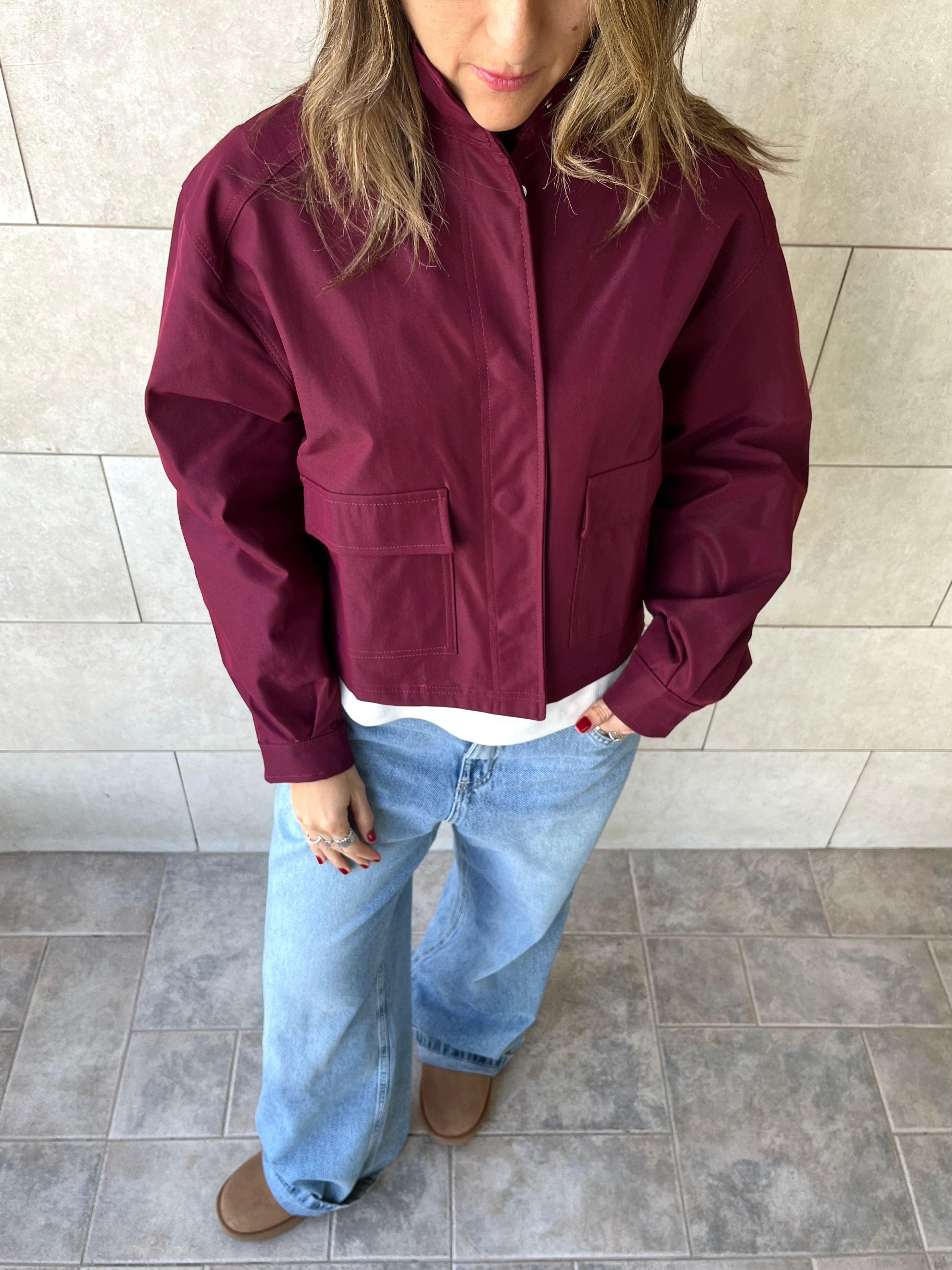 Burgundy Funnel Neck Gabardine Jacket