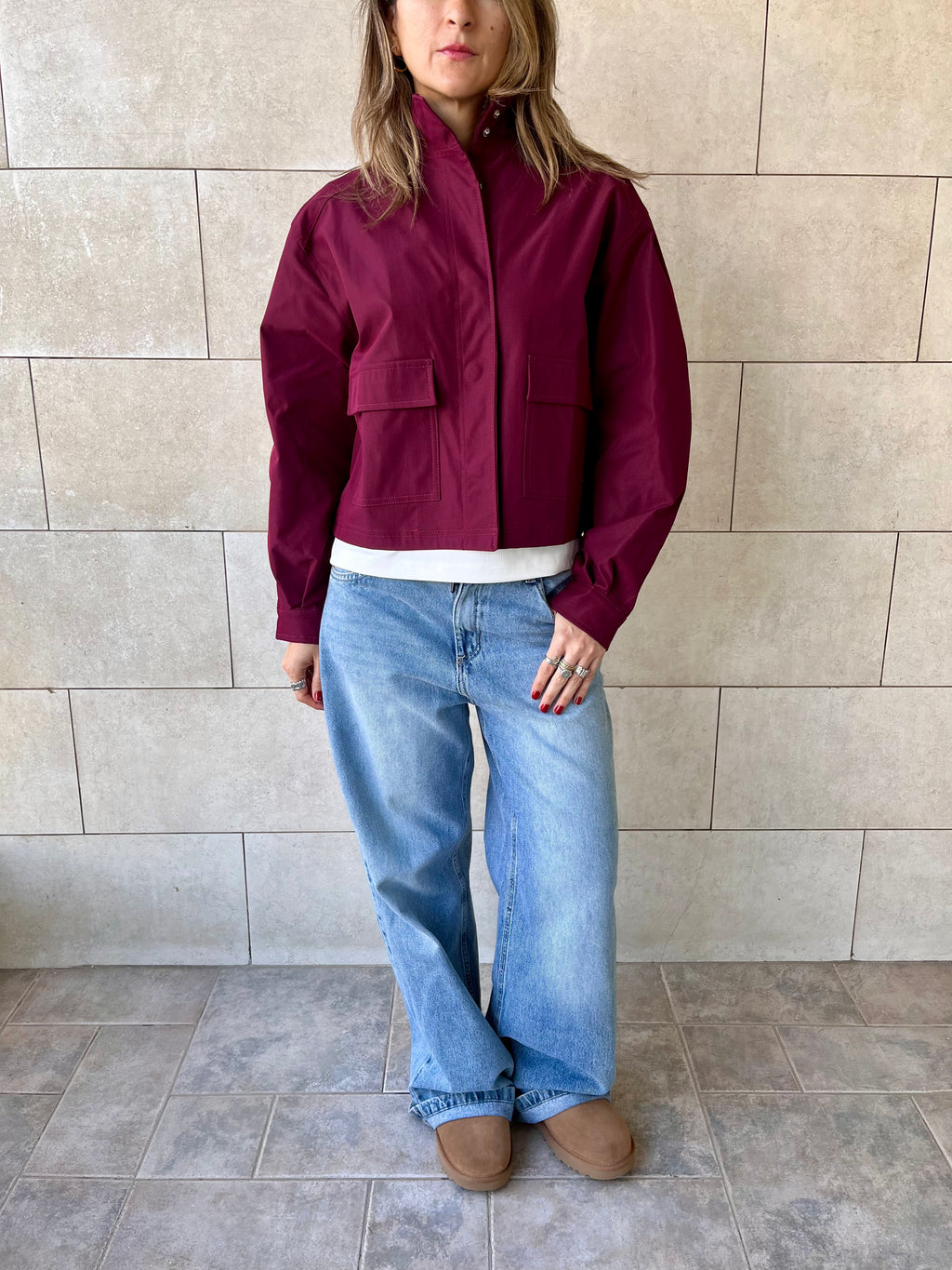 Burgundy Funnel Neck Gabardine Jacket