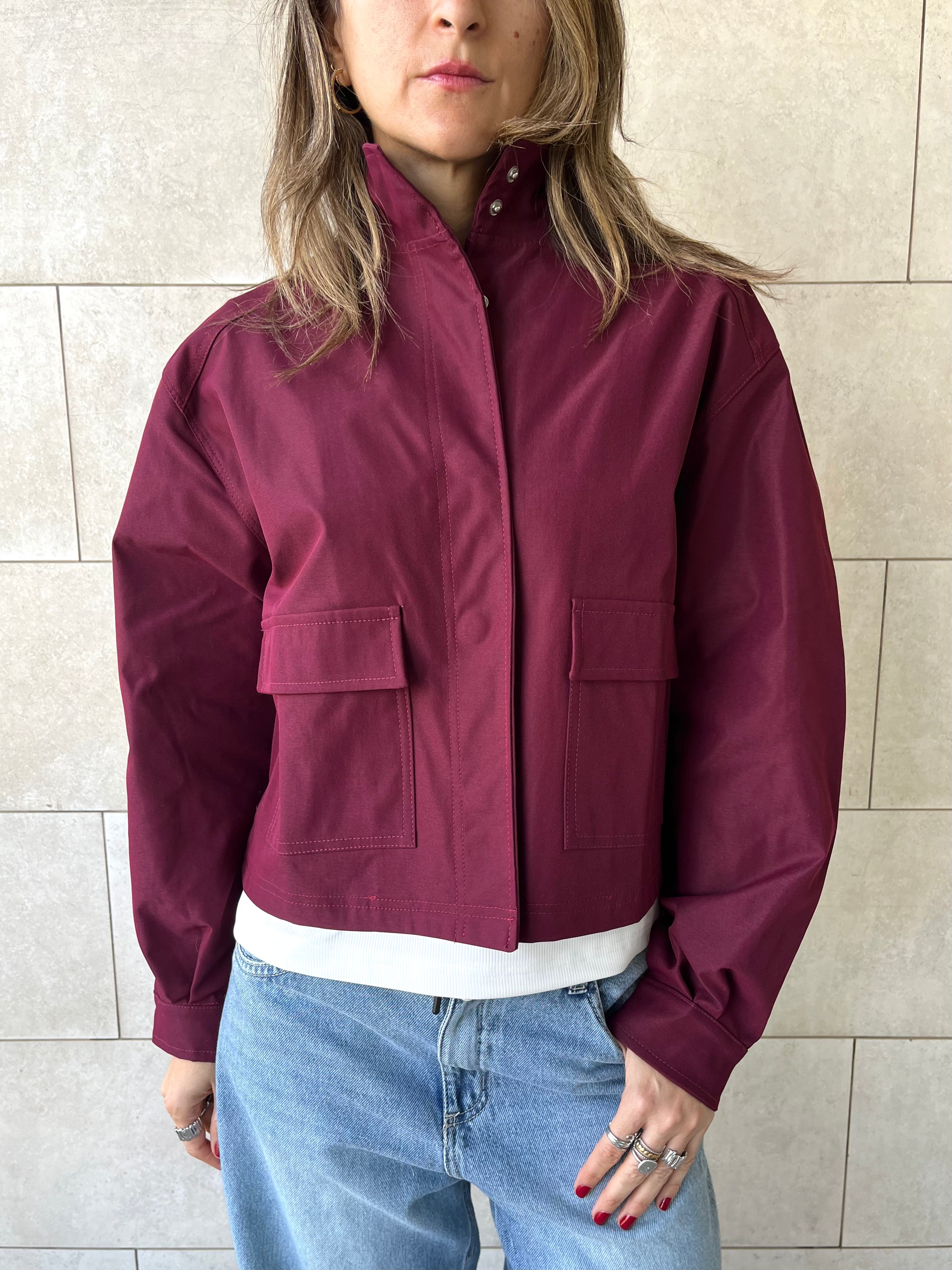 Burgundy Funnel Neck Gabardine Jacket