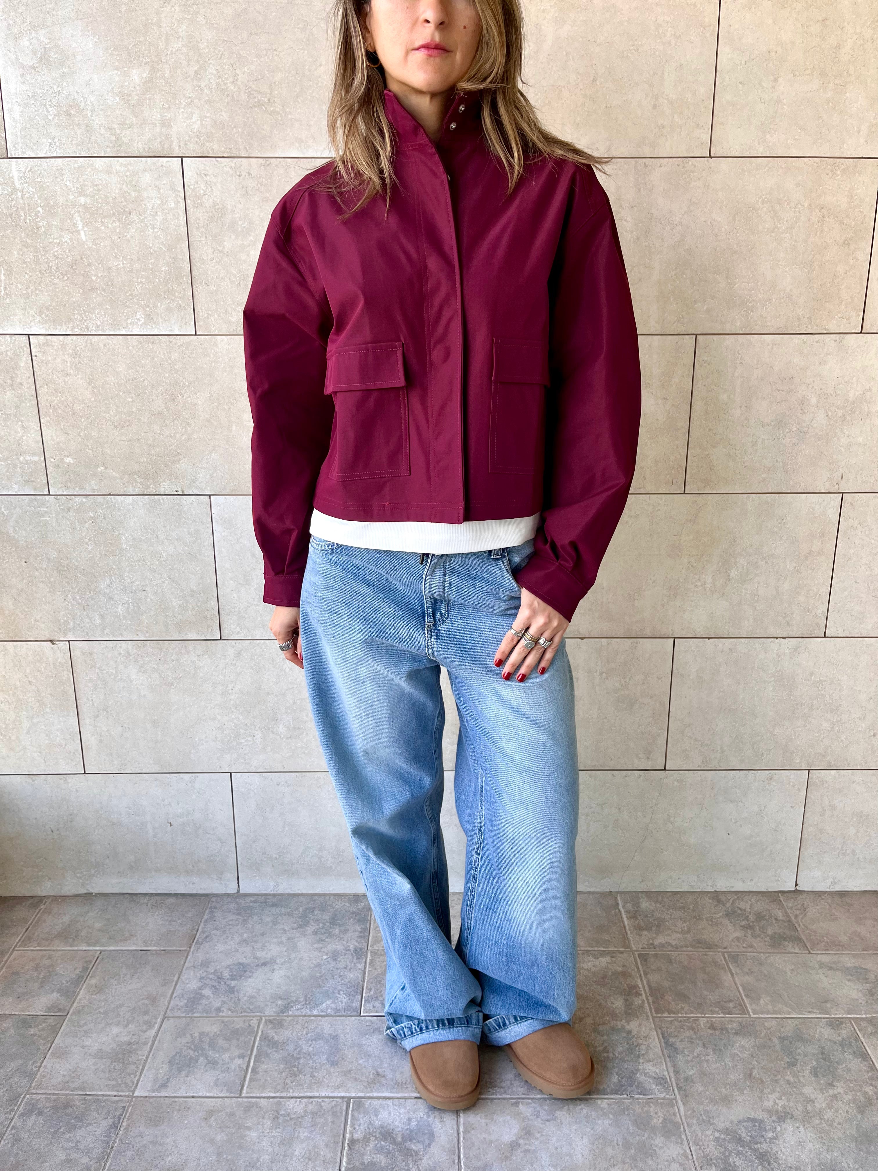 Burgundy Funnel Neck Gabardine Jacket