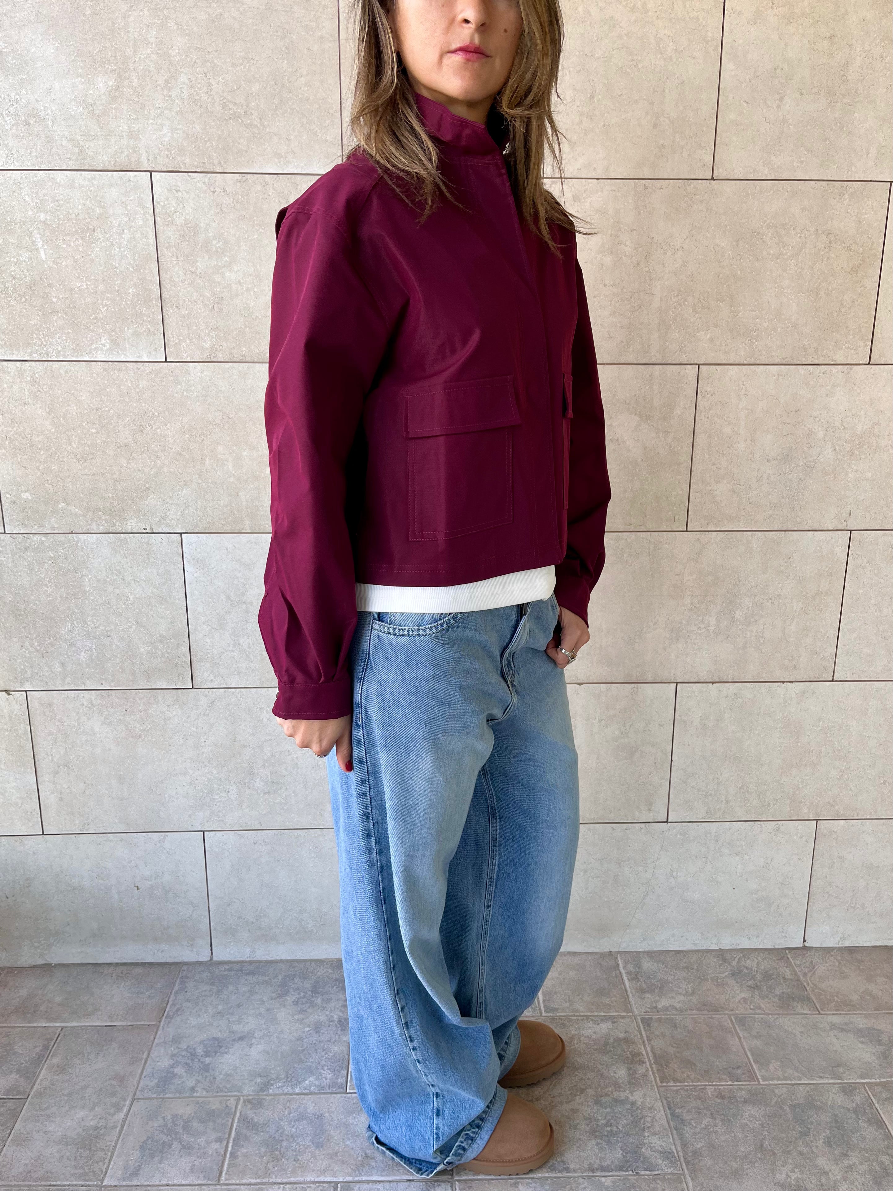 Burgundy Funnel Neck Gabardine Jacket