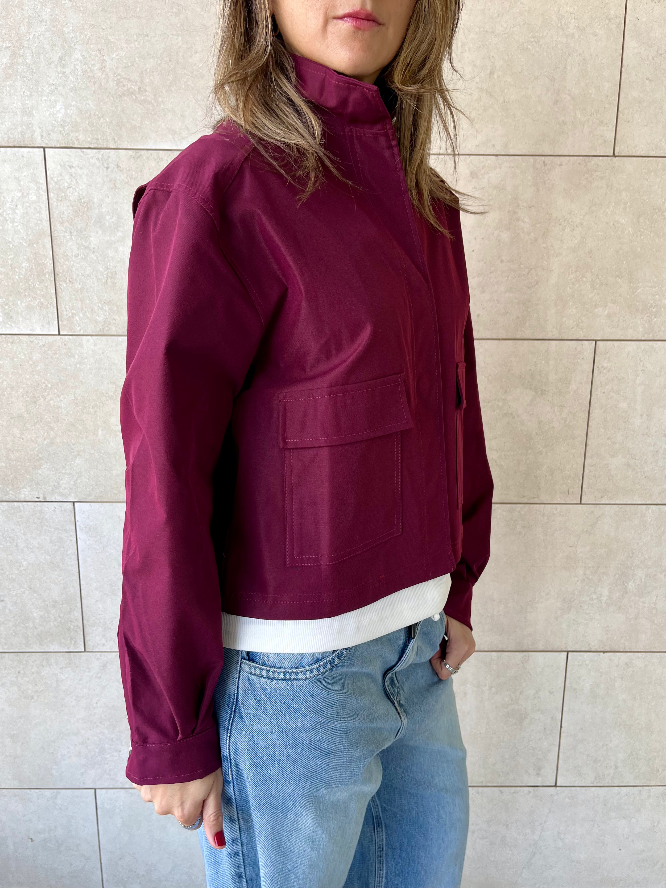 Burgundy Funnel Neck Gabardine Jacket