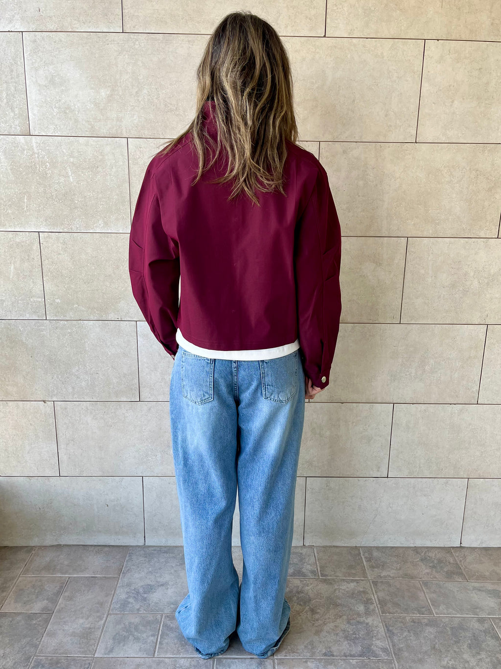 Burgundy Funnel Neck Gabardine Jacket