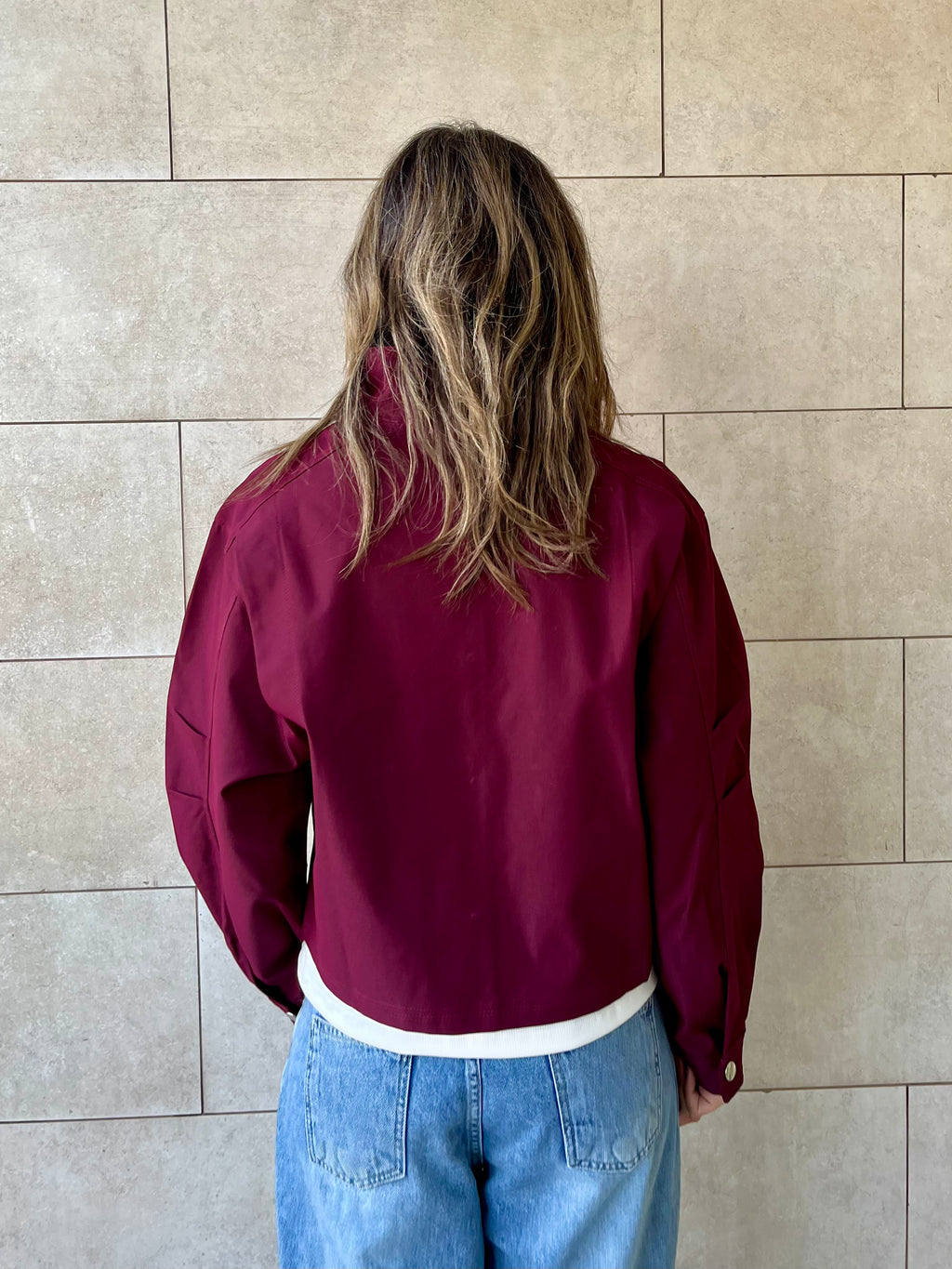 Burgundy Funnel Neck Gabardine Jacket
