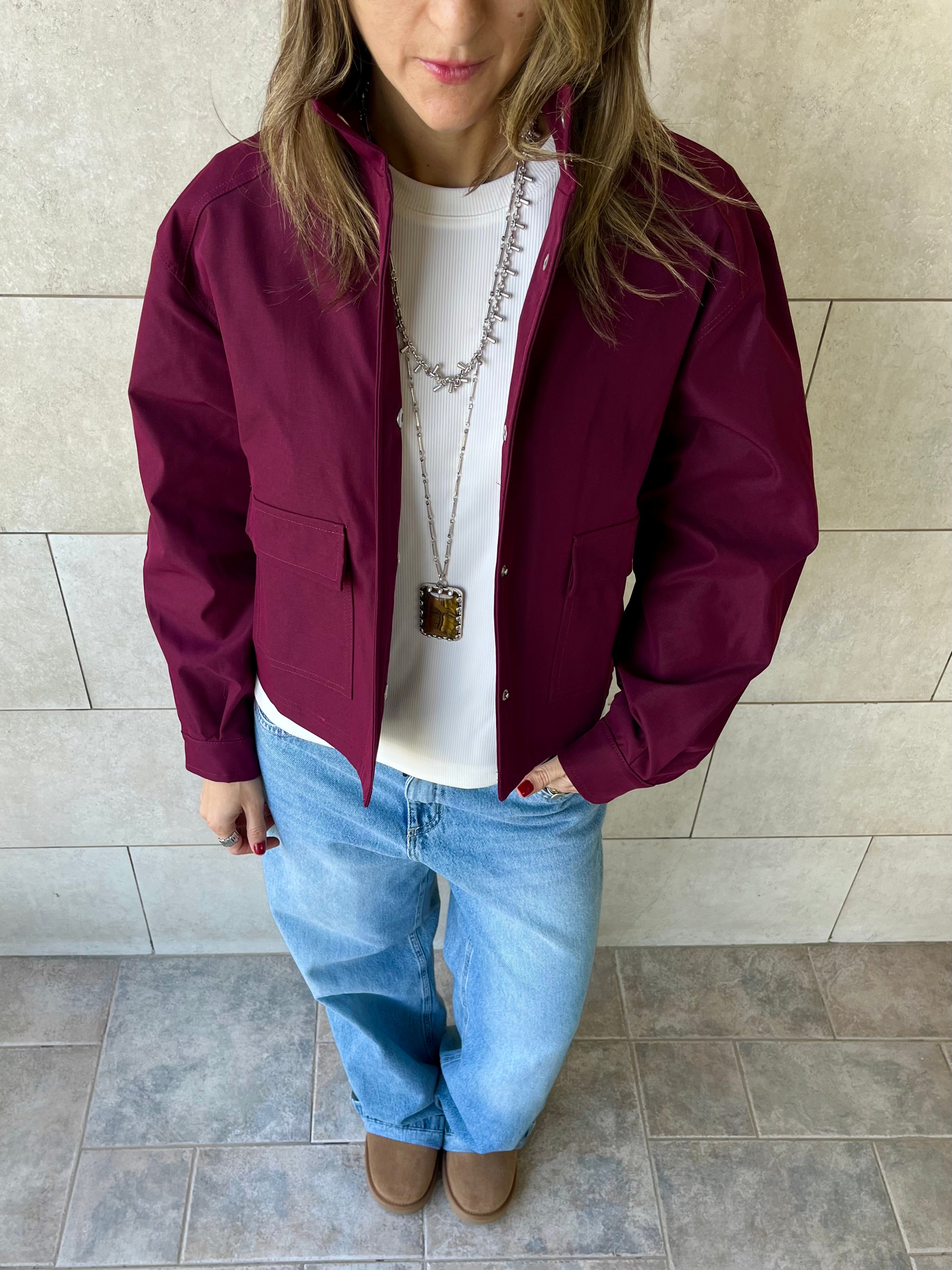 Burgundy Funnel Neck Gabardine Jacket