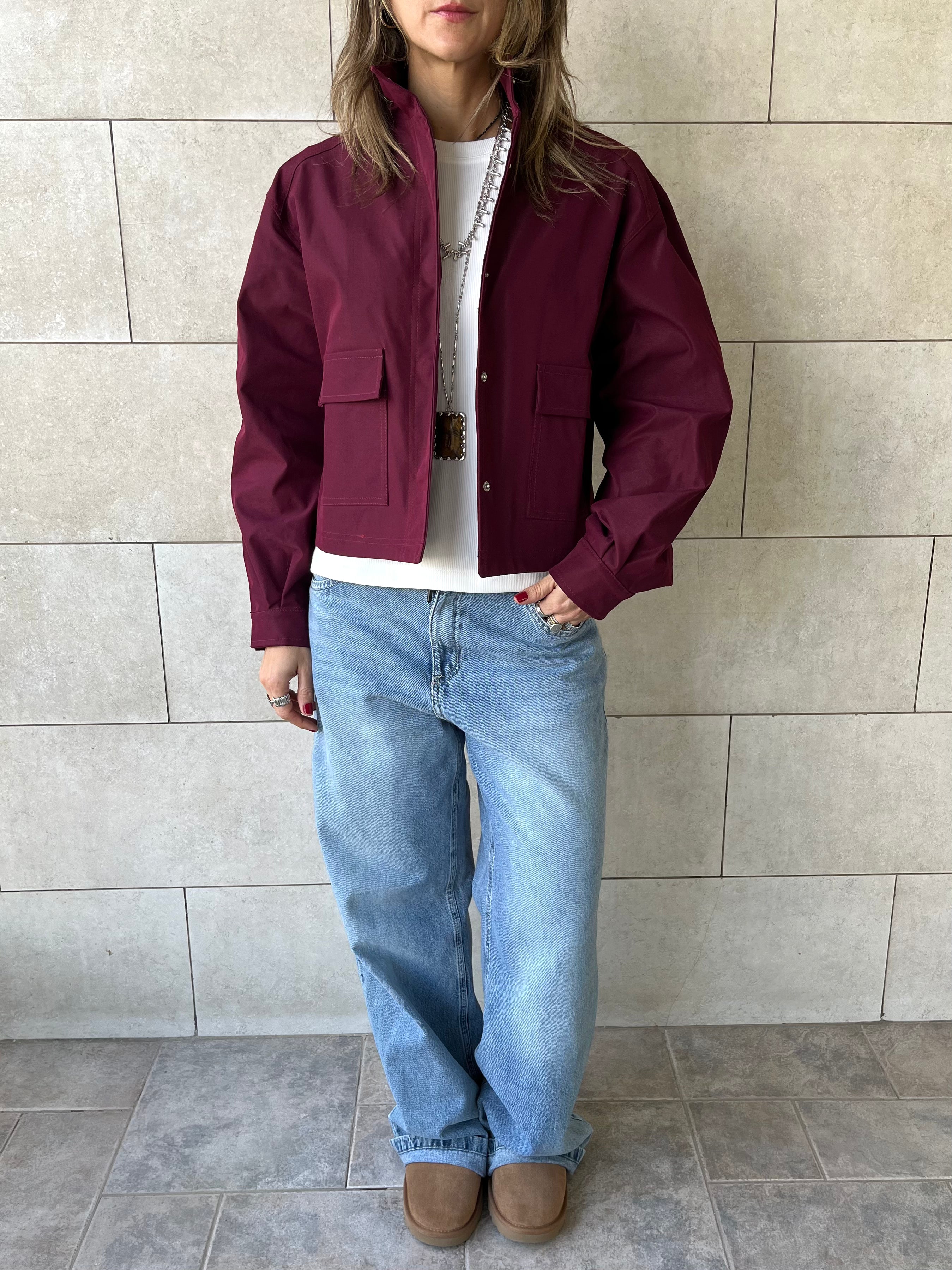 Burgundy Funnel Neck Gabardine Jacket