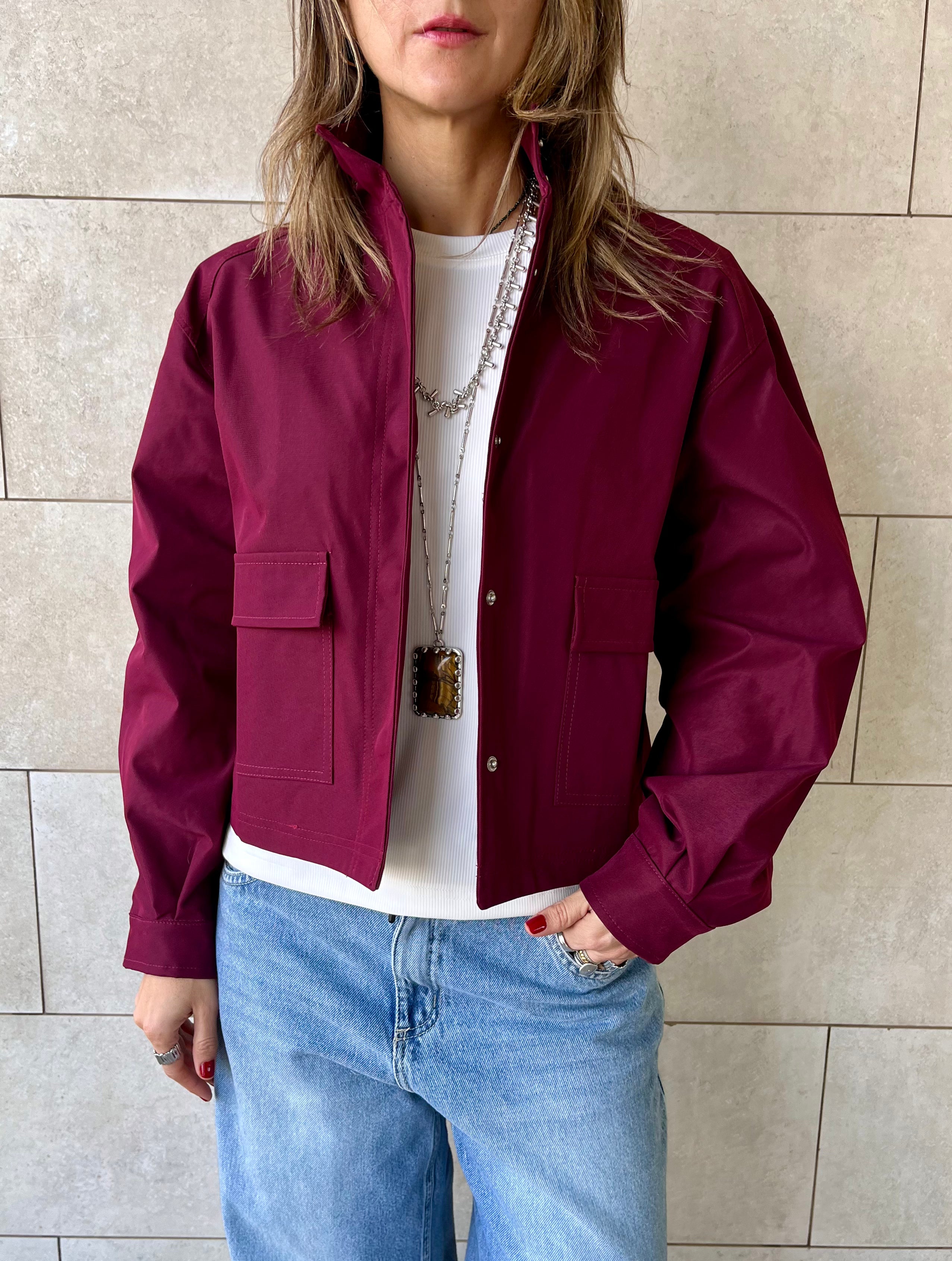Burgundy Funnel Neck Gabardine Jacket
