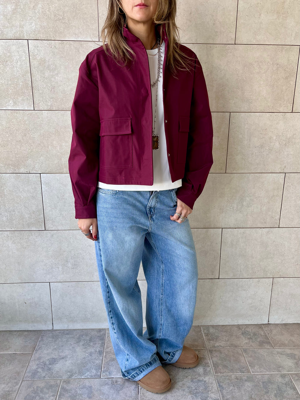 Burgundy Funnel Neck Gabardine Jacket