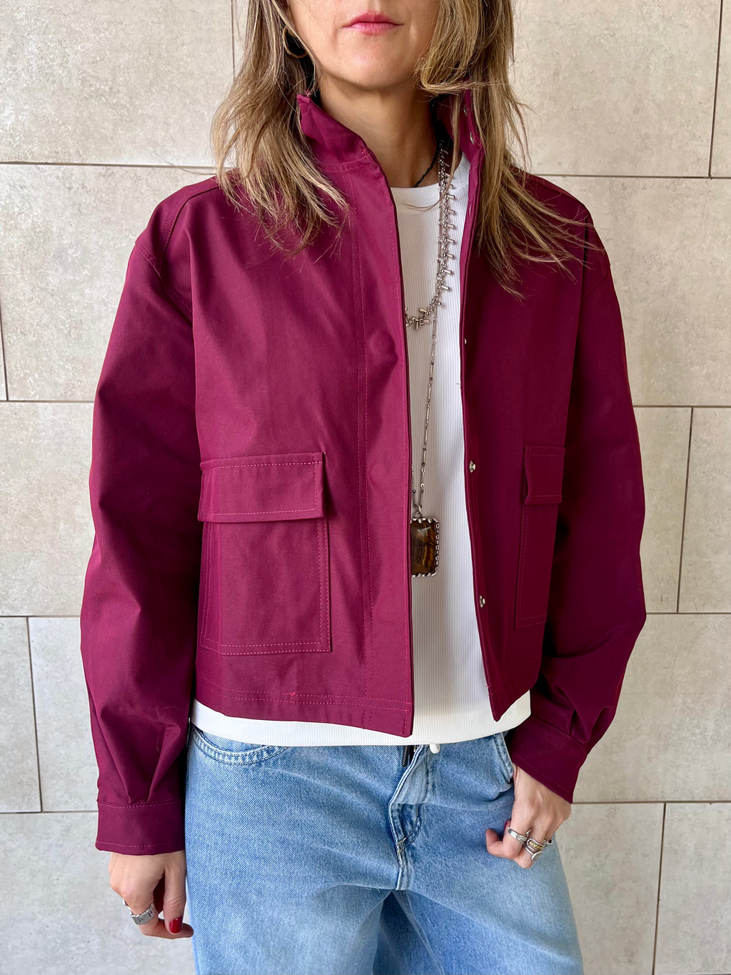 Burgundy Funnel Neck Gabardine Jacket