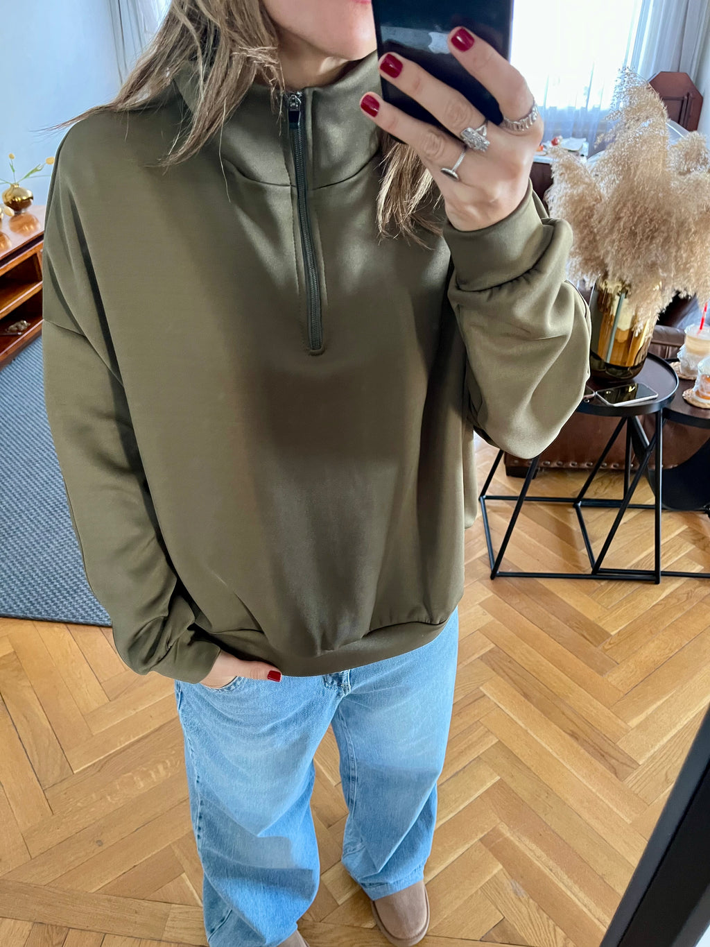 Olive Quarter Zip Up Scuba Sweatshirt