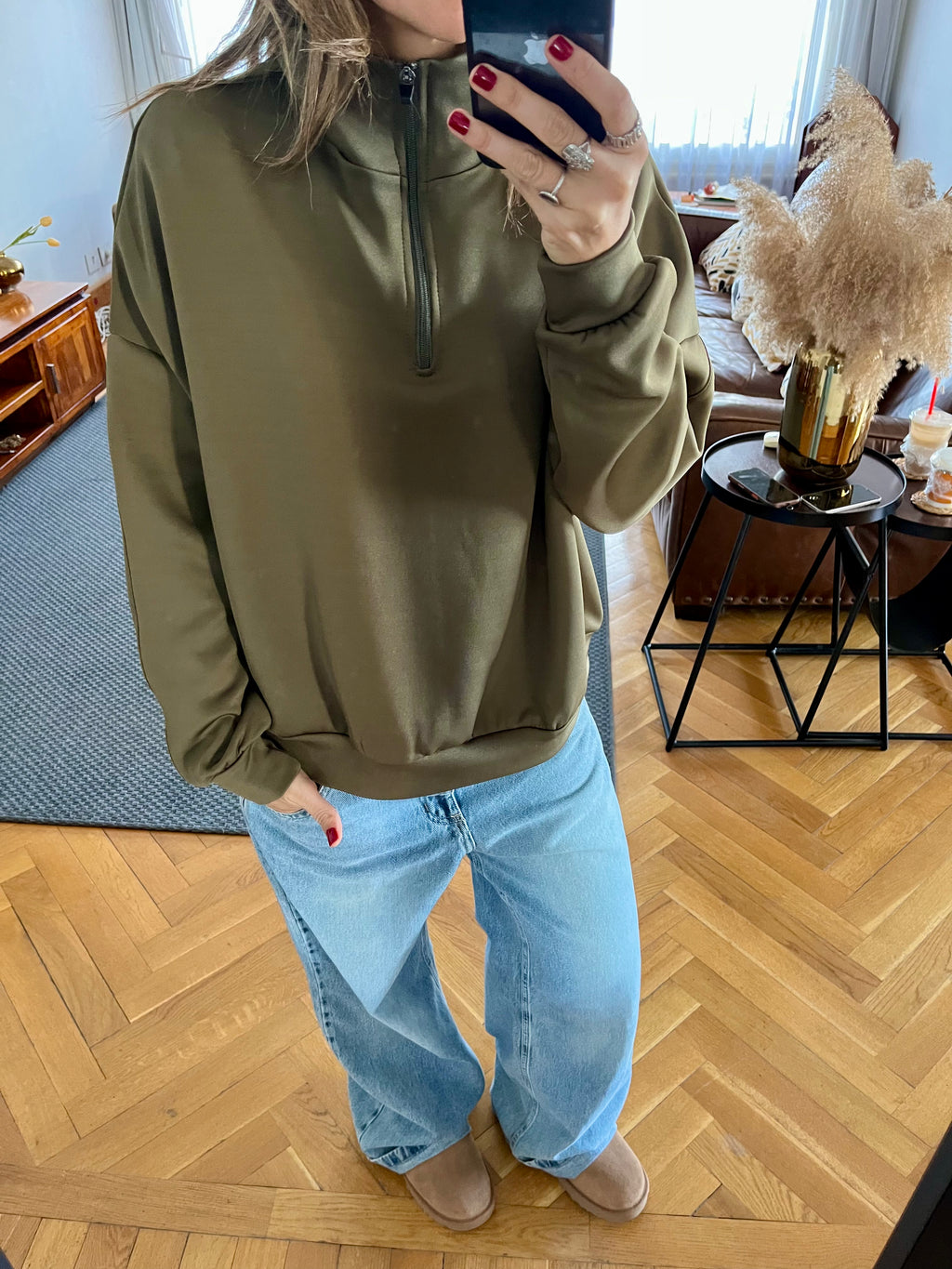 Olive Quarter Zip Up Scuba Sweatshirt