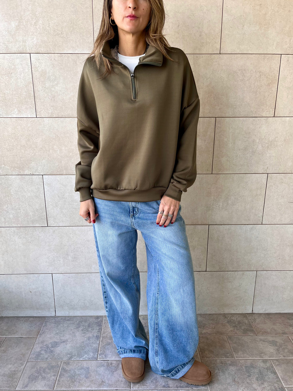 Olive Quarter Zip Up Scuba Sweatshirt