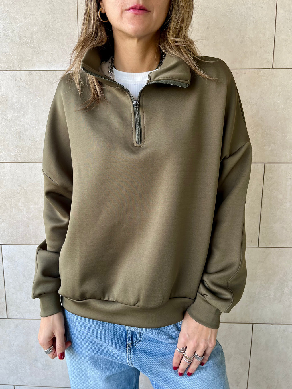 Olive Quarter Zip Up Scuba Sweatshirt