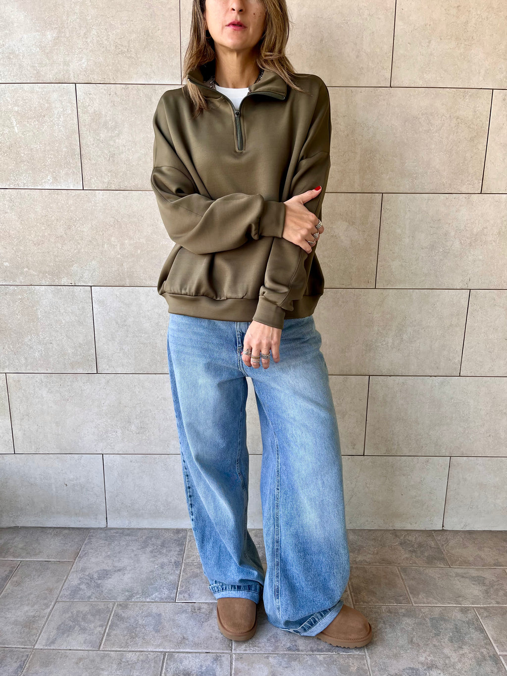 Olive Quarter Zip Up Scuba Sweatshirt