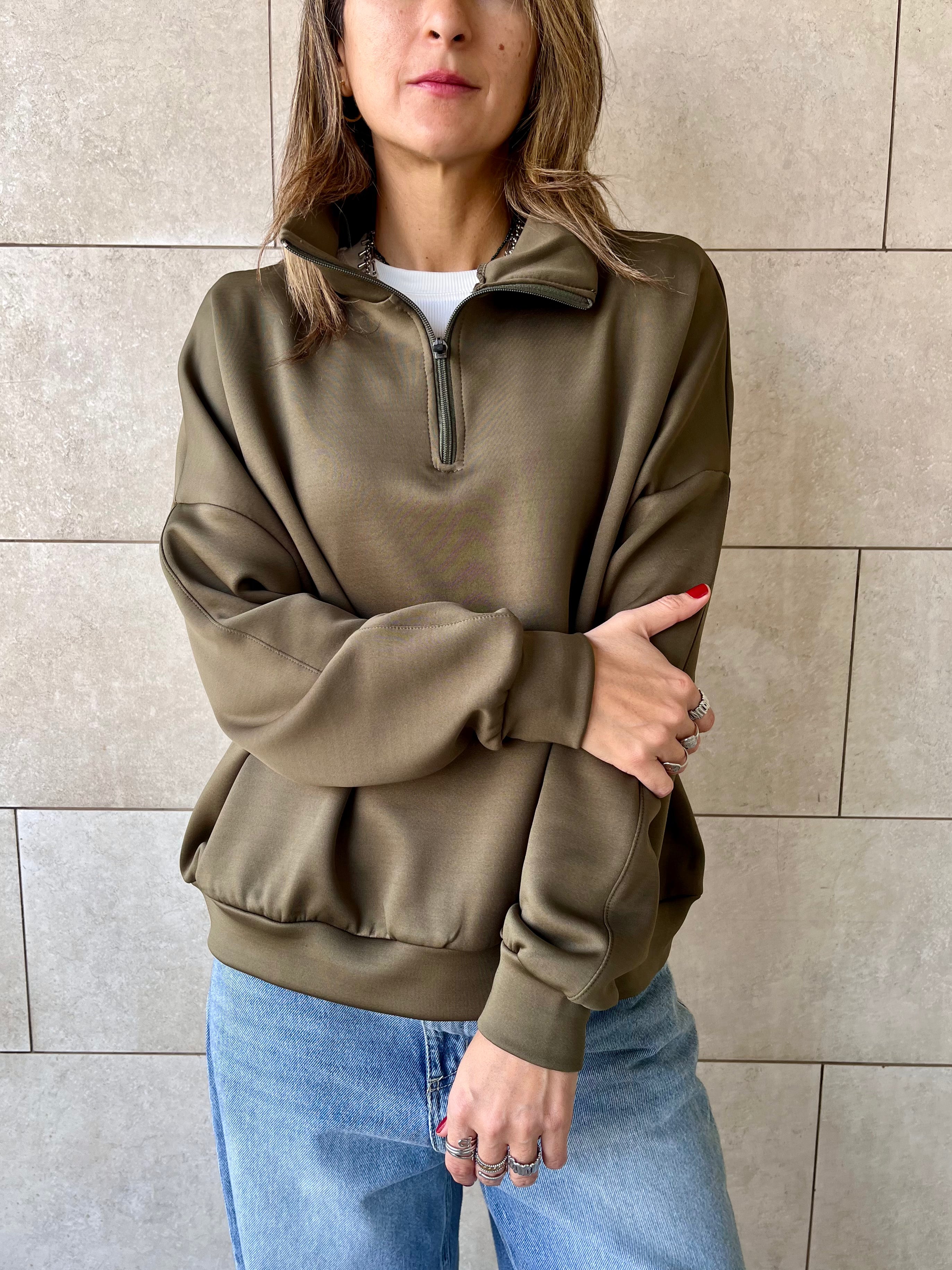 Olive Quarter Zip Up Scuba Sweatshirt